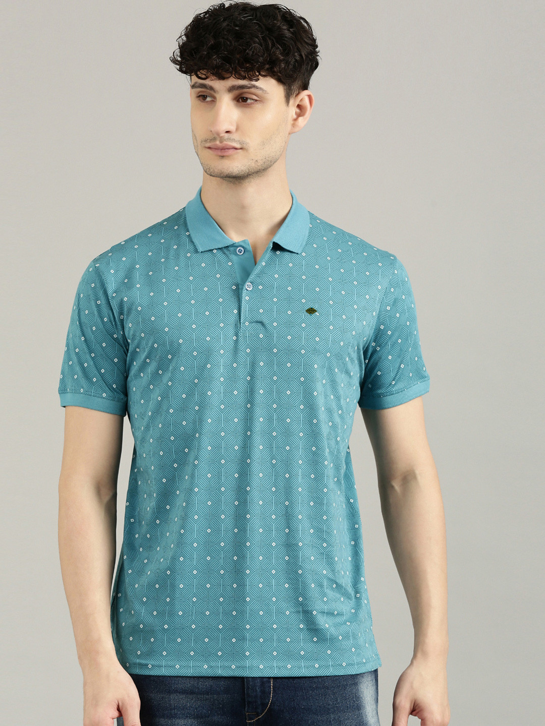

Joven Men Geometric Printed Polo Collar Cotton T-shirt, Blue