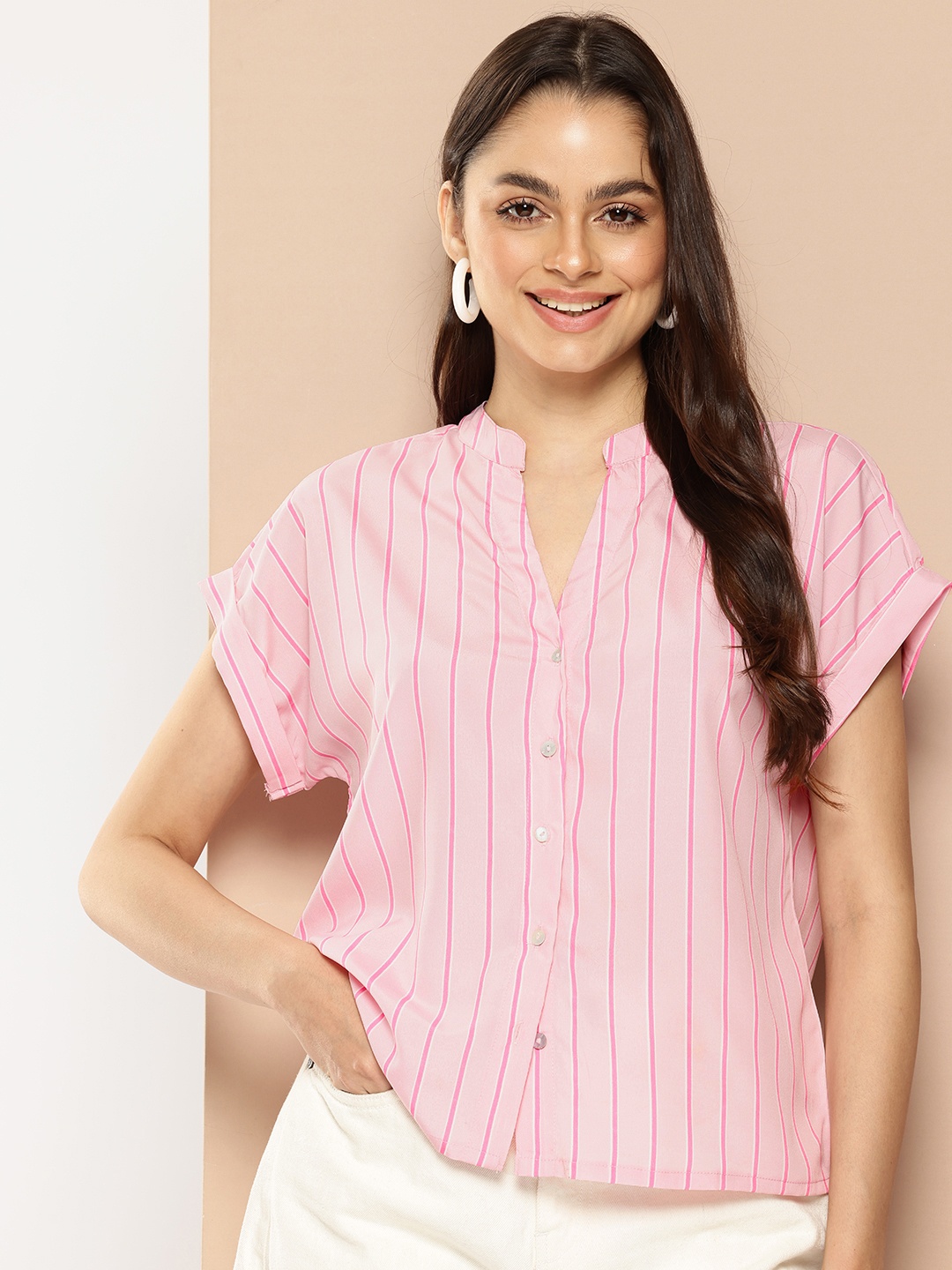 

encore by INVICTUS Vertical Stripes Mandarin Collar Extended Sleeves Casual Shirt, Pink