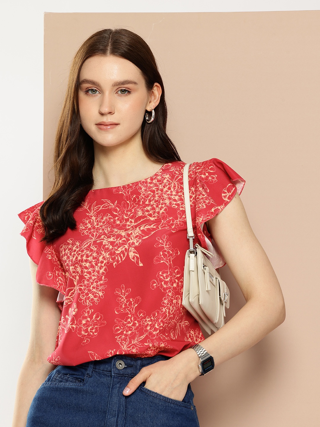 

encore by INVICTUS Floral Printed Flutter Sleeve Top, Pink