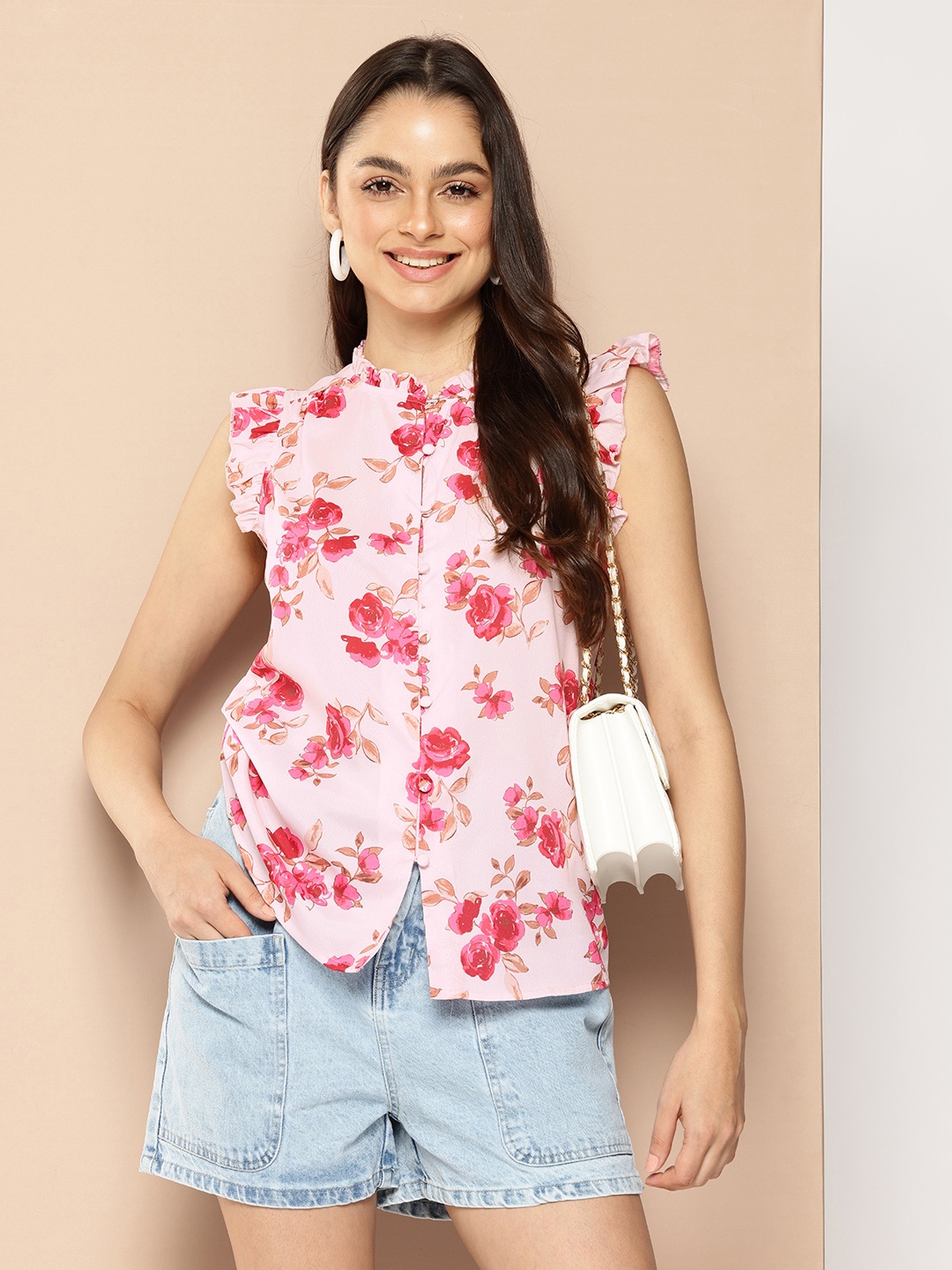 

encore by INVICTUS Floral Printed Mandarin Collar Flutter Sleeves Shirt Style Top, Pink
