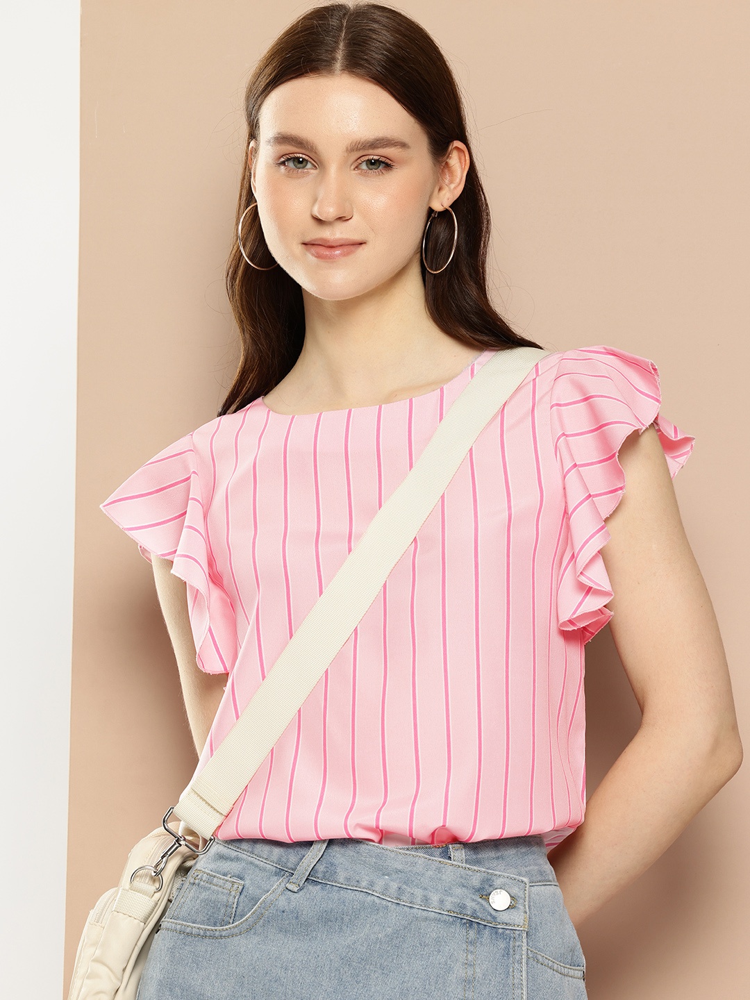 

encore by INVICTUS Striped Flutter Sleeve Top, Pink
