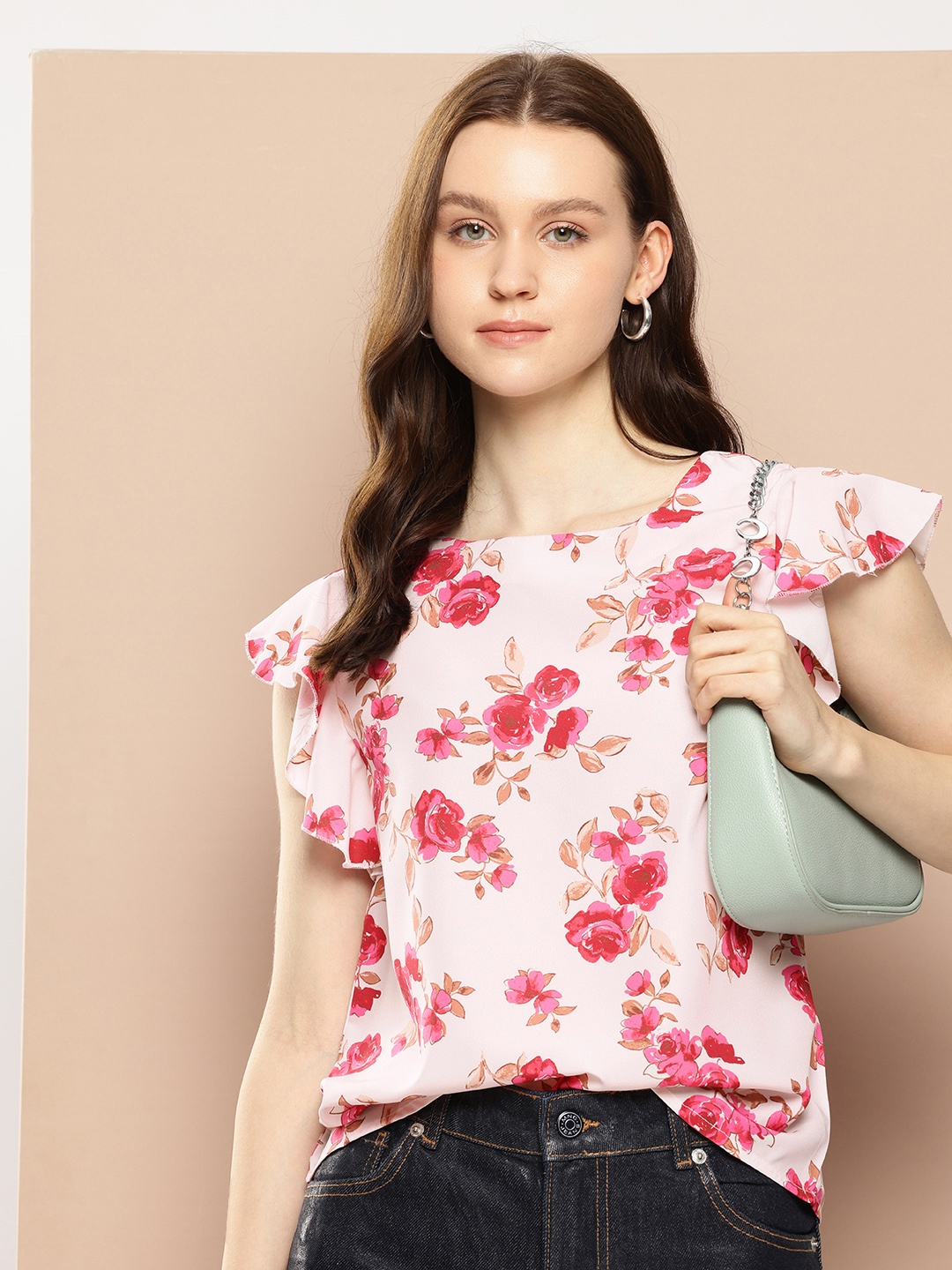 

encore by INVICTUS Floral Print Flutter Sleeve Top, Pink