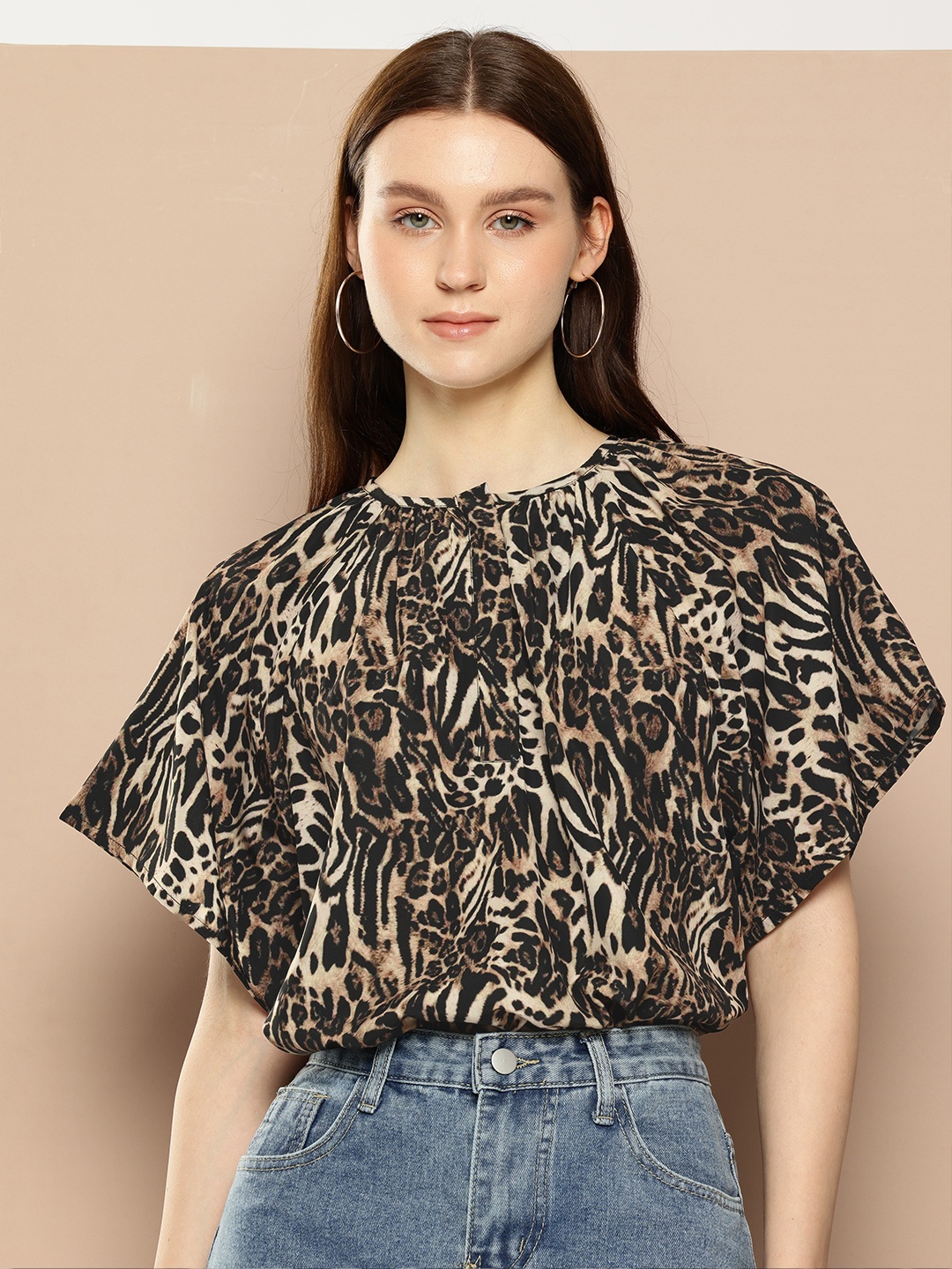

encore by INVICTUS Animal Print Top, Black