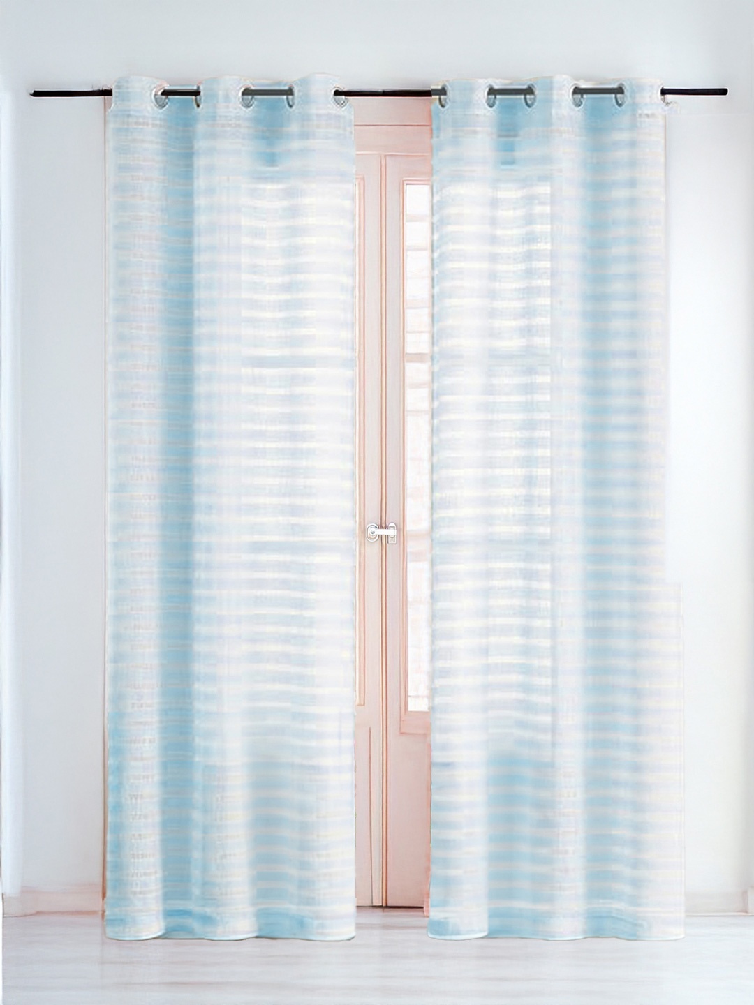 

URBAN SPACE Blue & White 2 Pieces Striped Sheer Long Door Curtains