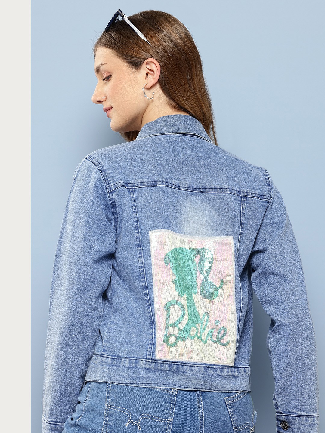 

Aarika Barbie Sequin Applique Lightweight Denim Jacket, Blue