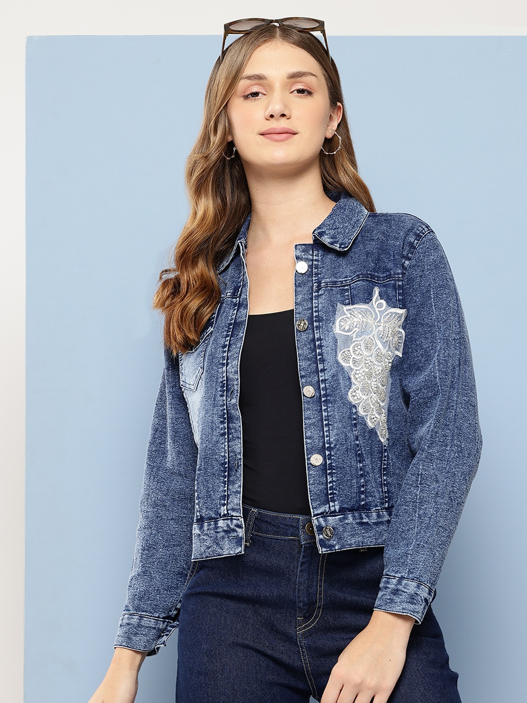 

Aarika Floral Beaded Embroidered Applique Lightweight Denim Jacket, Navy blue