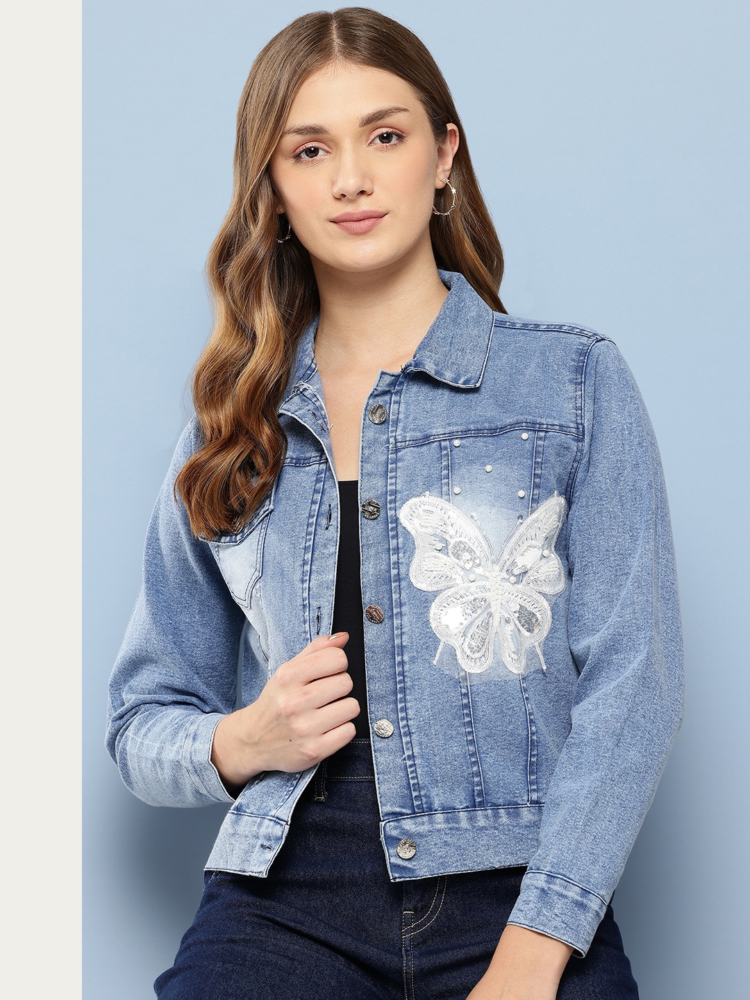 

Aarika Butterfly Beaded Embroidered Applique Lightweight Denim Jacket, Blue