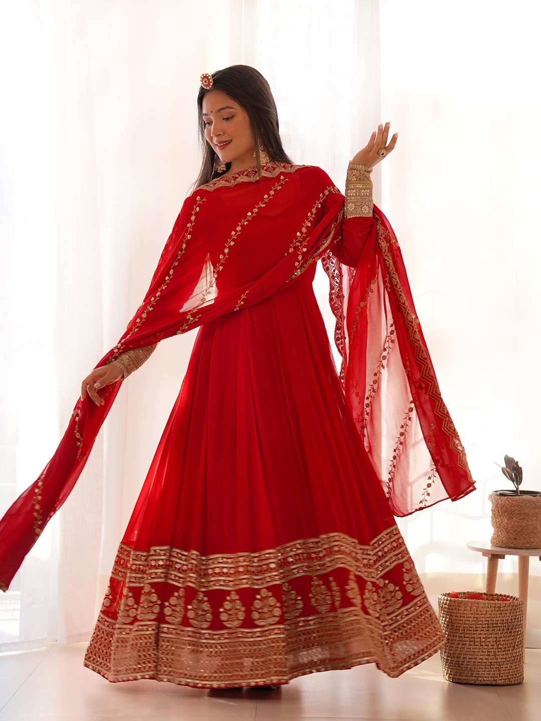 

Fusionic Embroidered Gown Ethnic Dress With Dupatta, Red