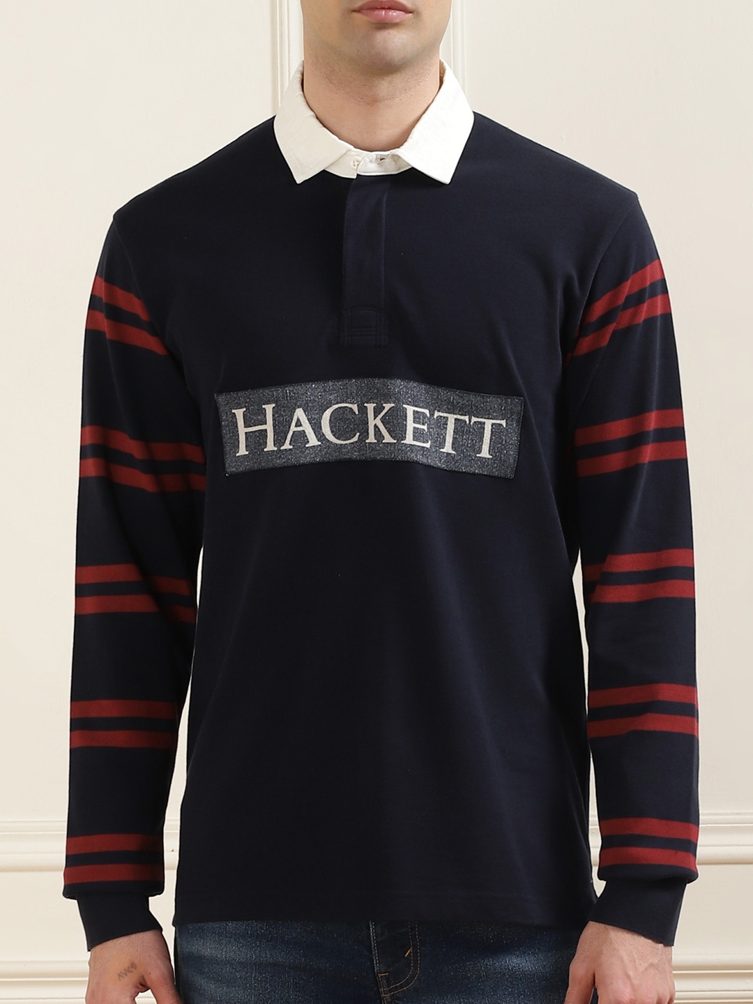 

HACKETT LONDON Men Striped Polo Collar Applique T-shirt, Blue