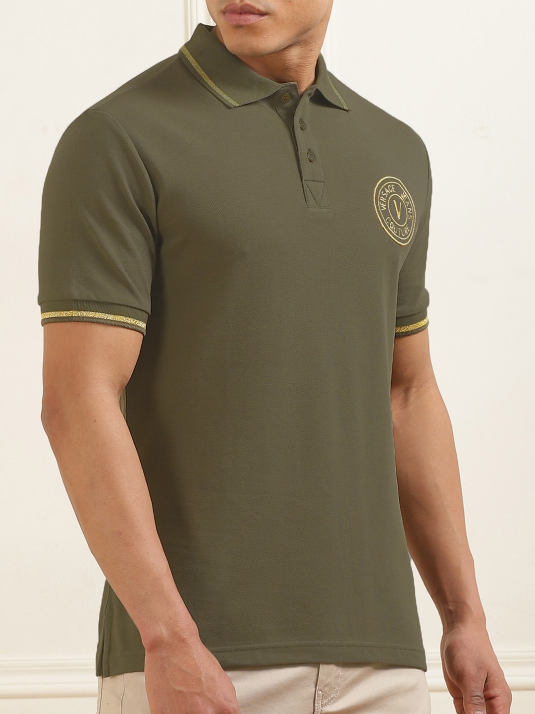 

Versace Jeans Couture Men Polo Collar Applique T-shirt, Olive