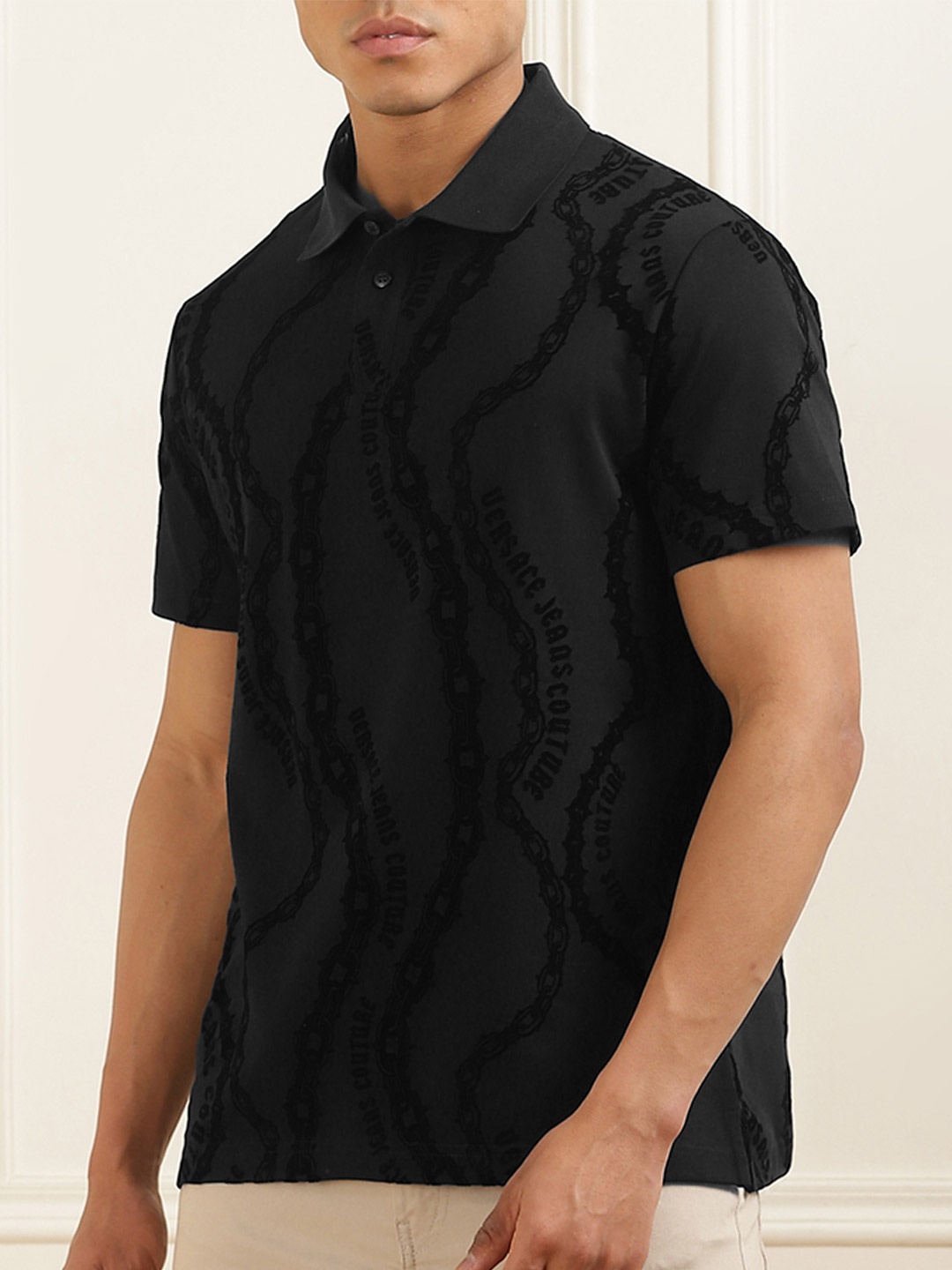

Versace Jeans Couture Men Printed Polo Collar Pockets T-shirt, Black