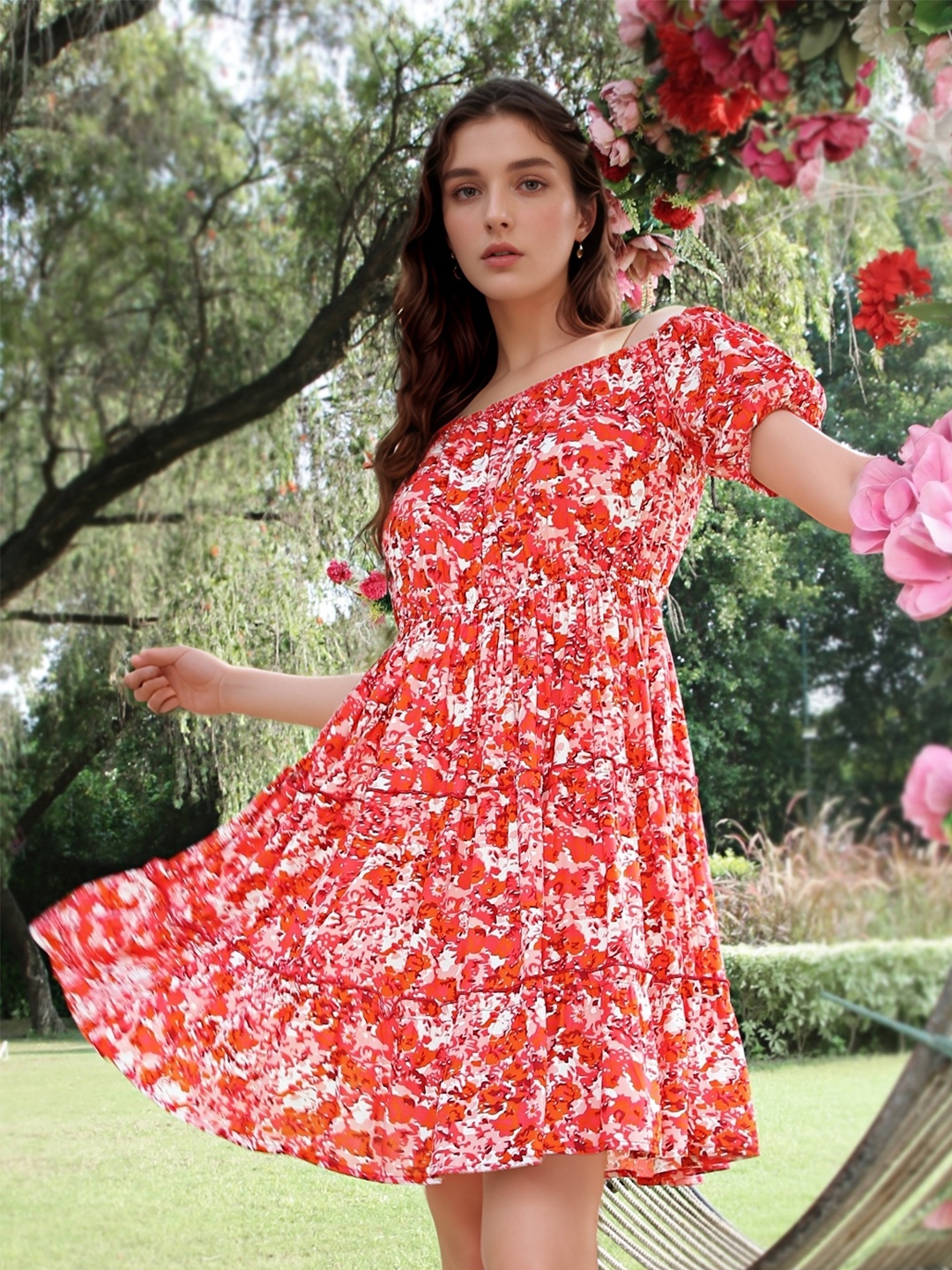 

StyleCast X SERA Floral Print Off-Shoulder Puff Sleeve Fit & Flare Dress, Pink