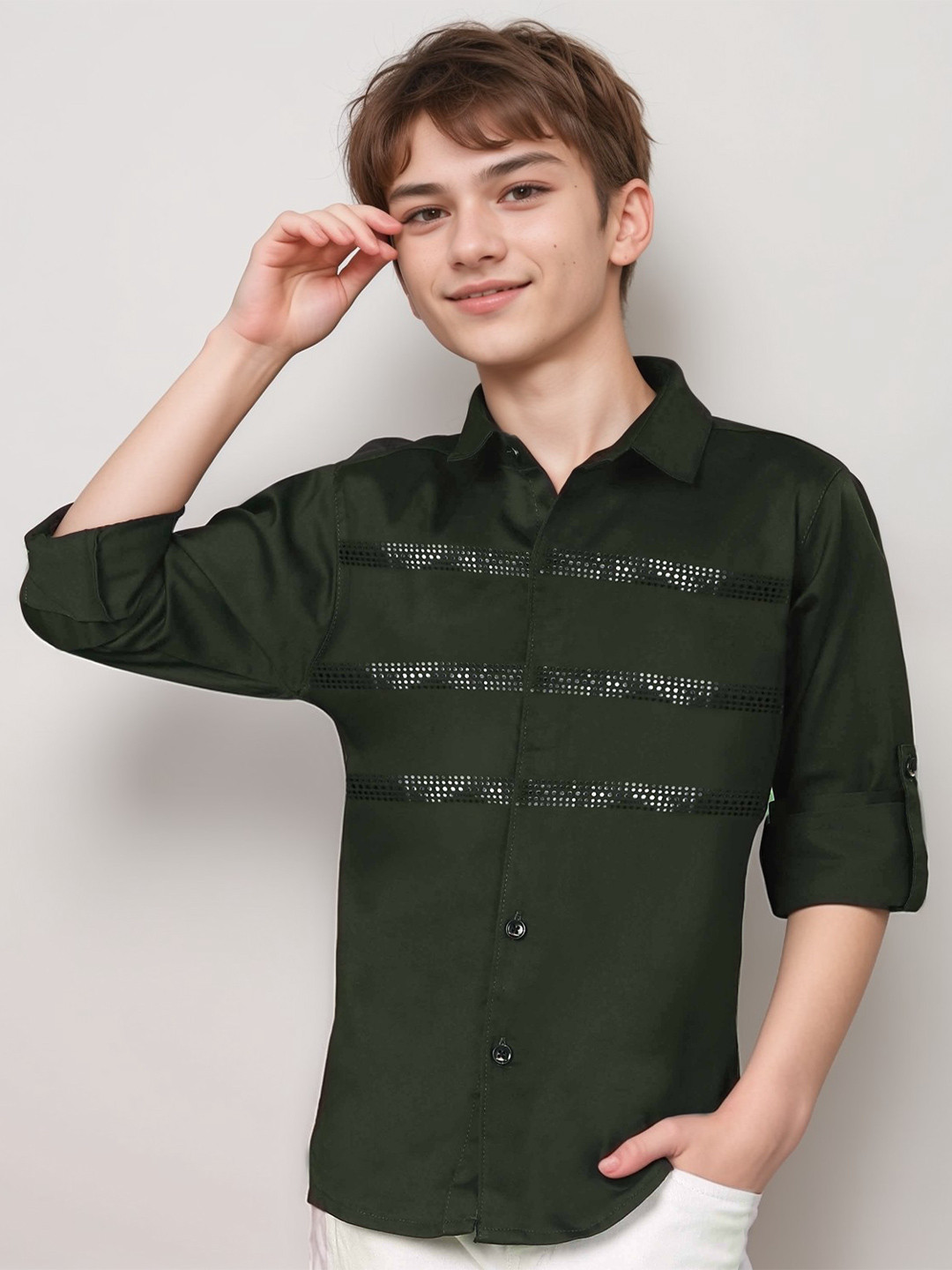 

MashUp Boys Classic Opaque Printed Casual Shirt, Olive