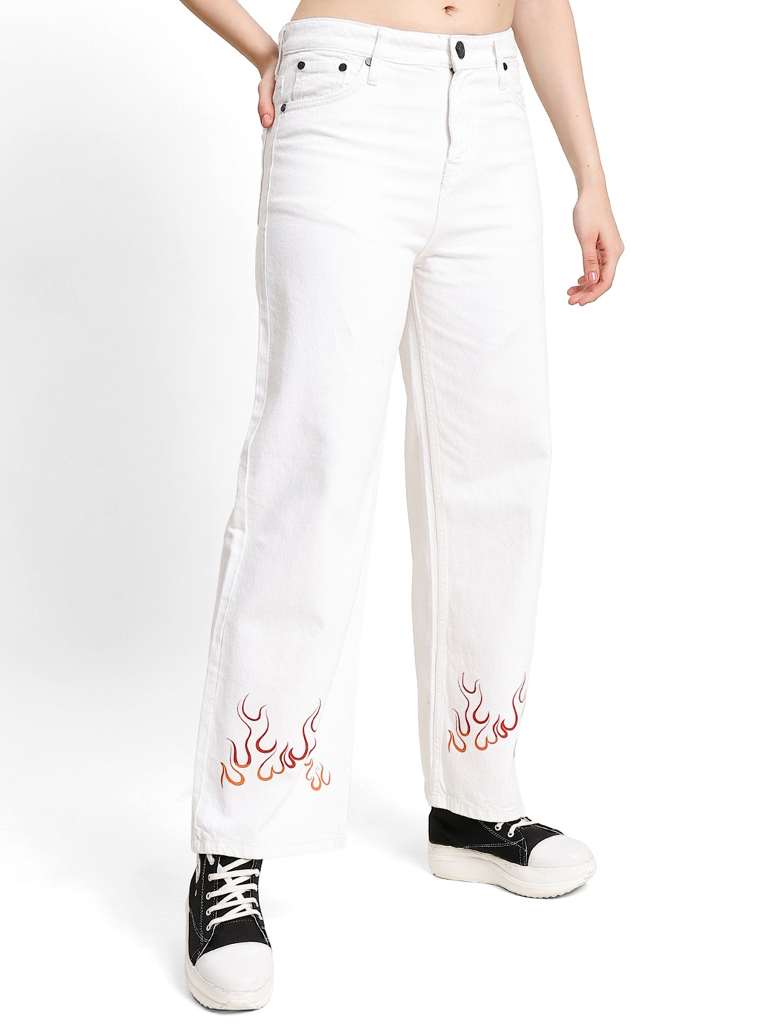

Bene Kleed Women Printed Classic Straight Fit Pure Cotton Jeans, White