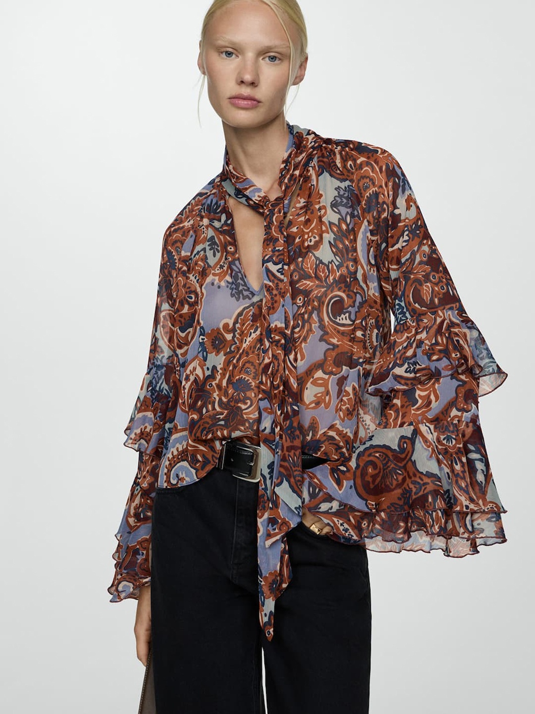 

MANGO Printed Tie-Up Neck Bell Sleeve Ruffles A-Line Top, Rust