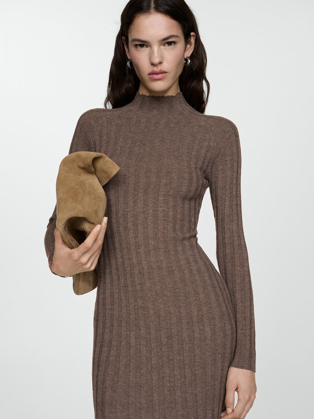 

MANGO Self Striped A-Line Midi Dress, Brown