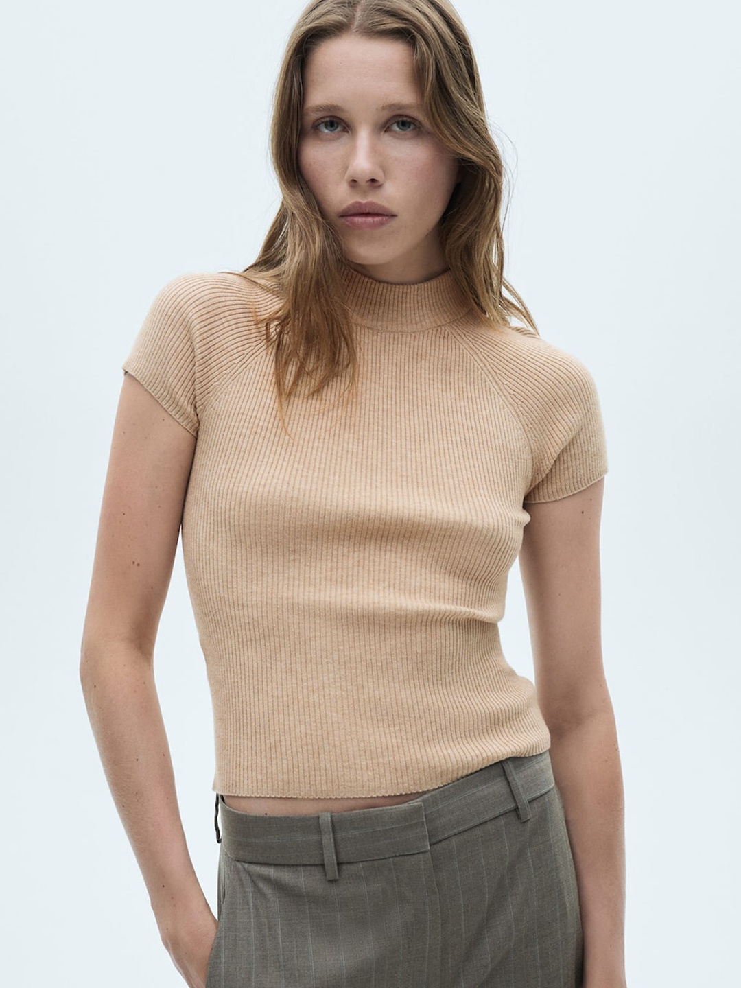 

MANGO Women Ribbed Pullover, Beige