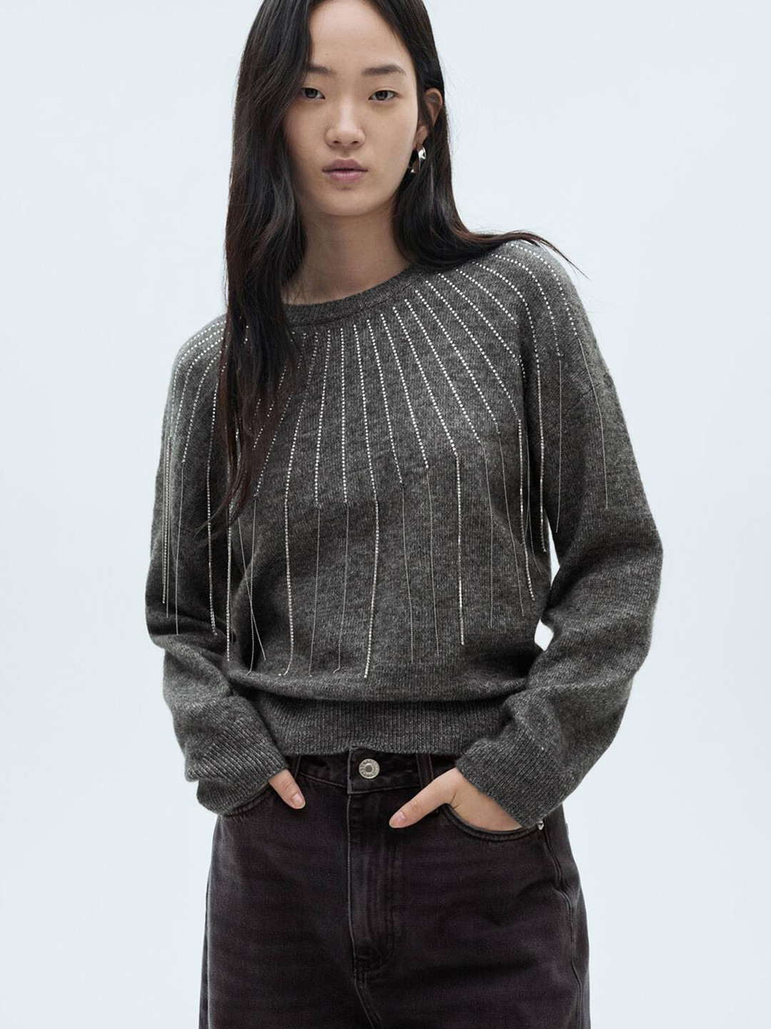 

MANGO Embellished Pullover, Charcoal