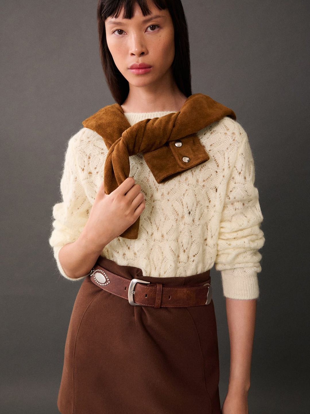 

MANGO Open Knit Pullover, Cream