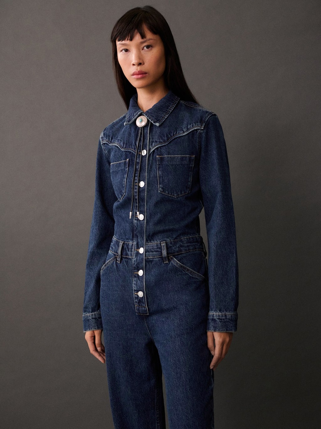 

MANGO Pure Cotton Denim Jumpsuit, Navy blue