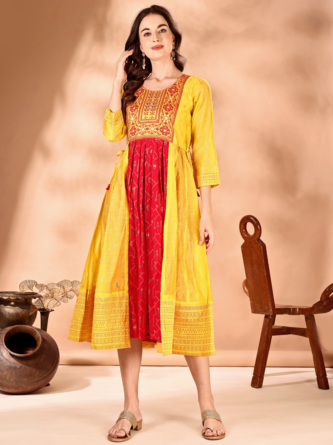 

JIVORA Women Printed Fit & Flare Midi Ethnic Dresses, Mustard