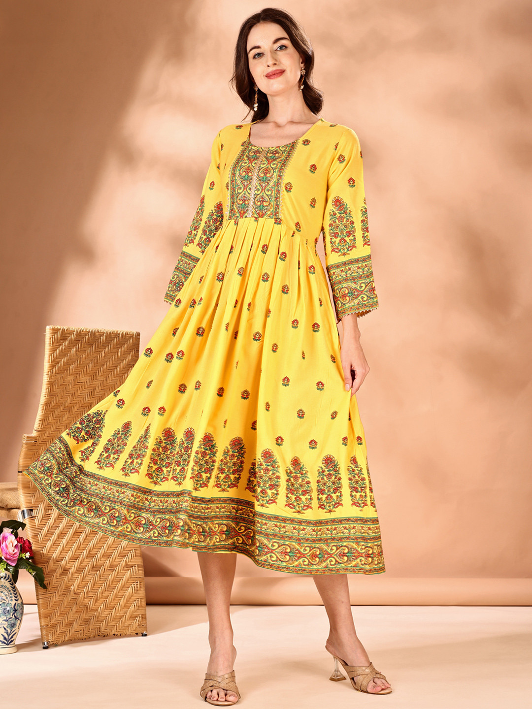 

JIVORA Women Printed Fit & Flare Midi Ethnic Dresses, Yellow