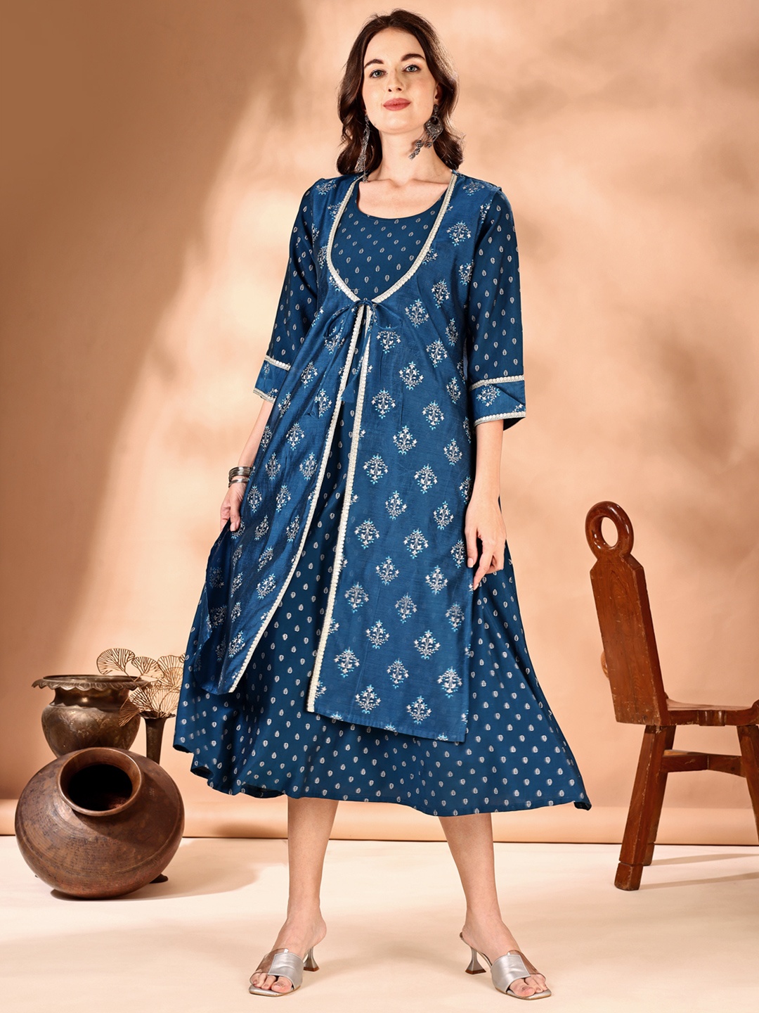 

JIVORA Women Floral Printed Round Neck Flared Cotton Ethnic Dress, Blue