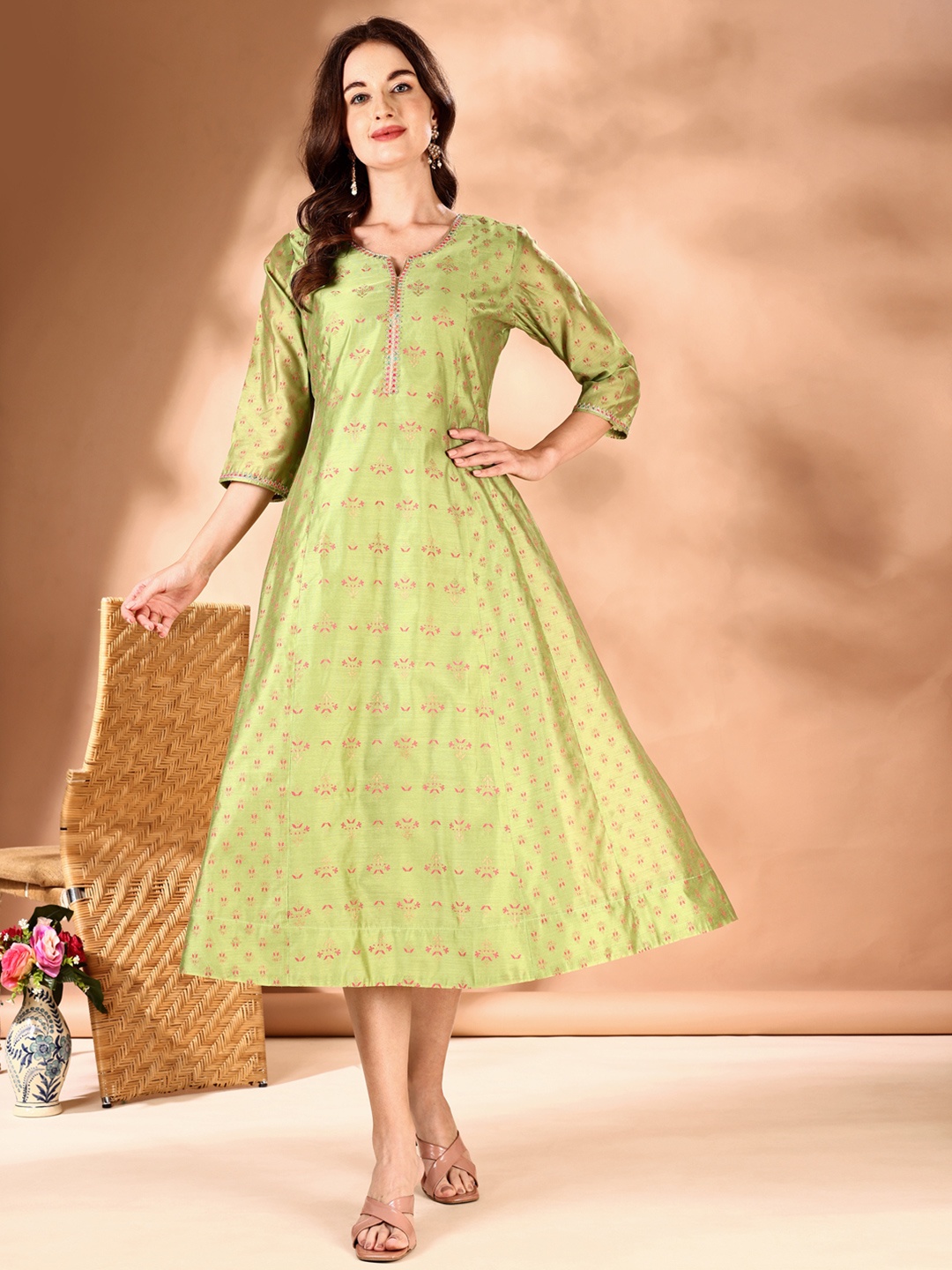

JIVORA Women Floral Printed Flared Cotton Ethnic Dress, Green