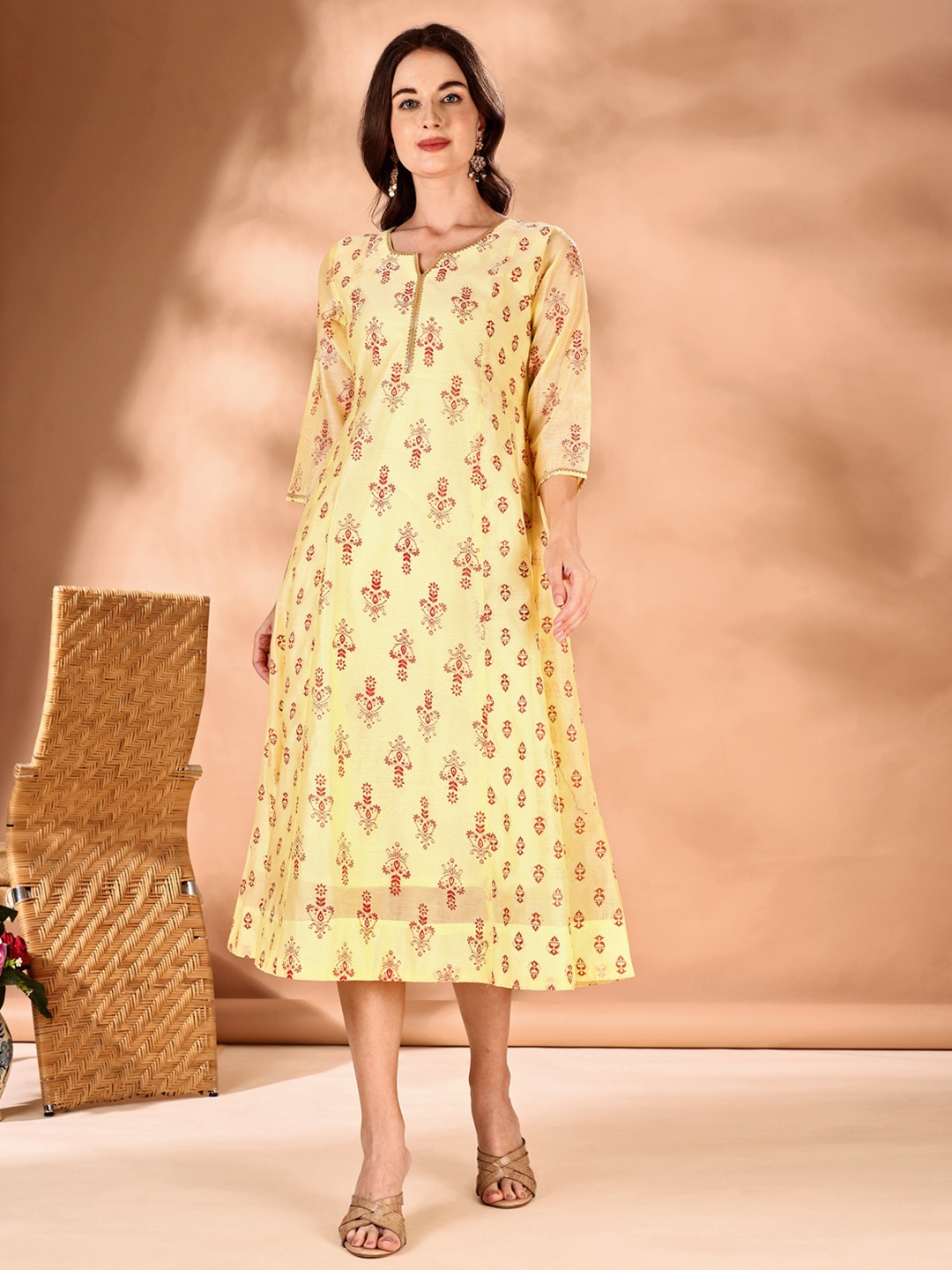 

JIVORA Round Neck Ethnic Motifs Printed Ethnic Dress, Yellow