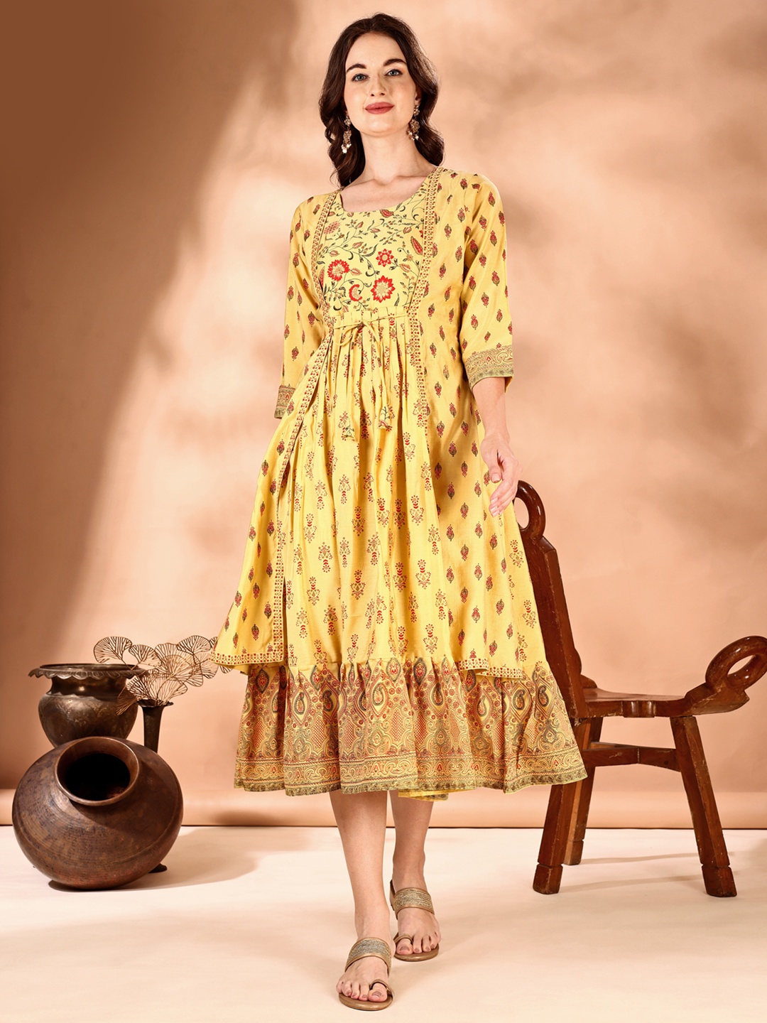 

JIVORA Women Cotton Printed Flared Ethnic Dress, Mustard