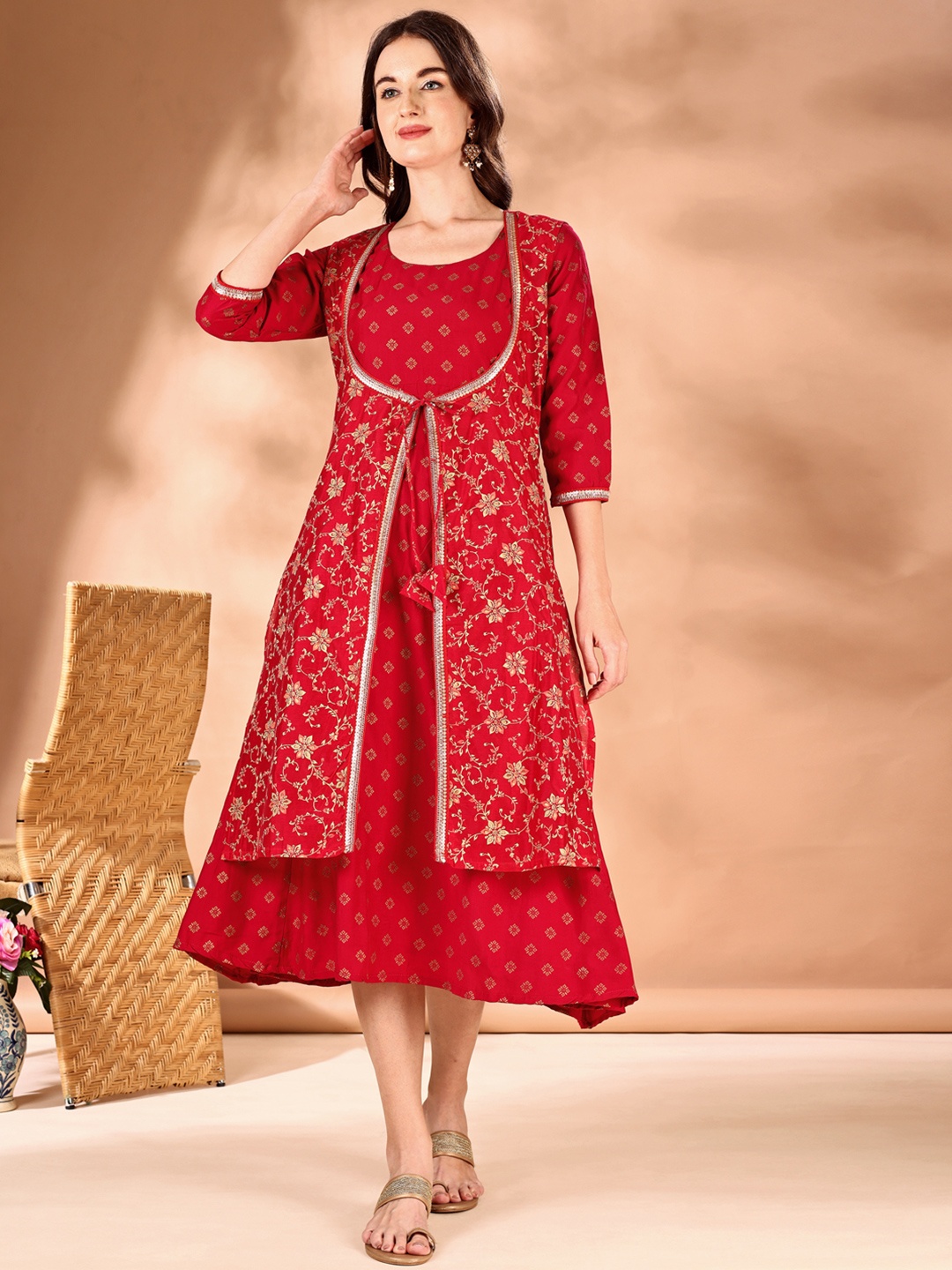 

JIVORA Women Cotton Floral Printed Flared Ethnic Dress, Maroon