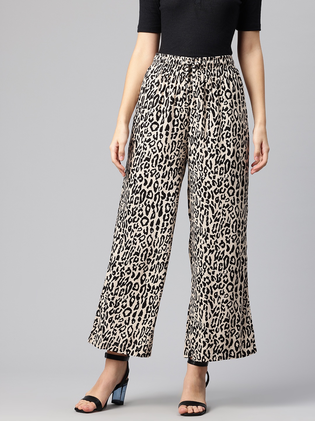 

Popnetic Women Animal Printed Wide Leg High-Rise Trousers, Off white