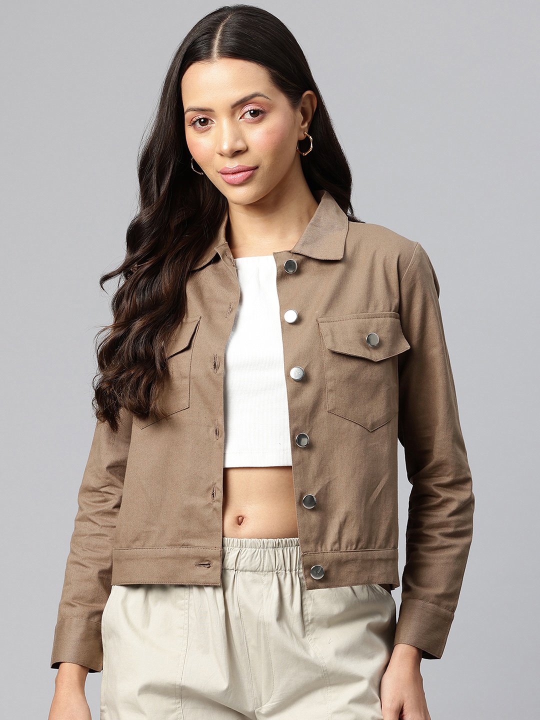 

Popnetic Women Solid Pure Cotton Denim Jacket, Taupe