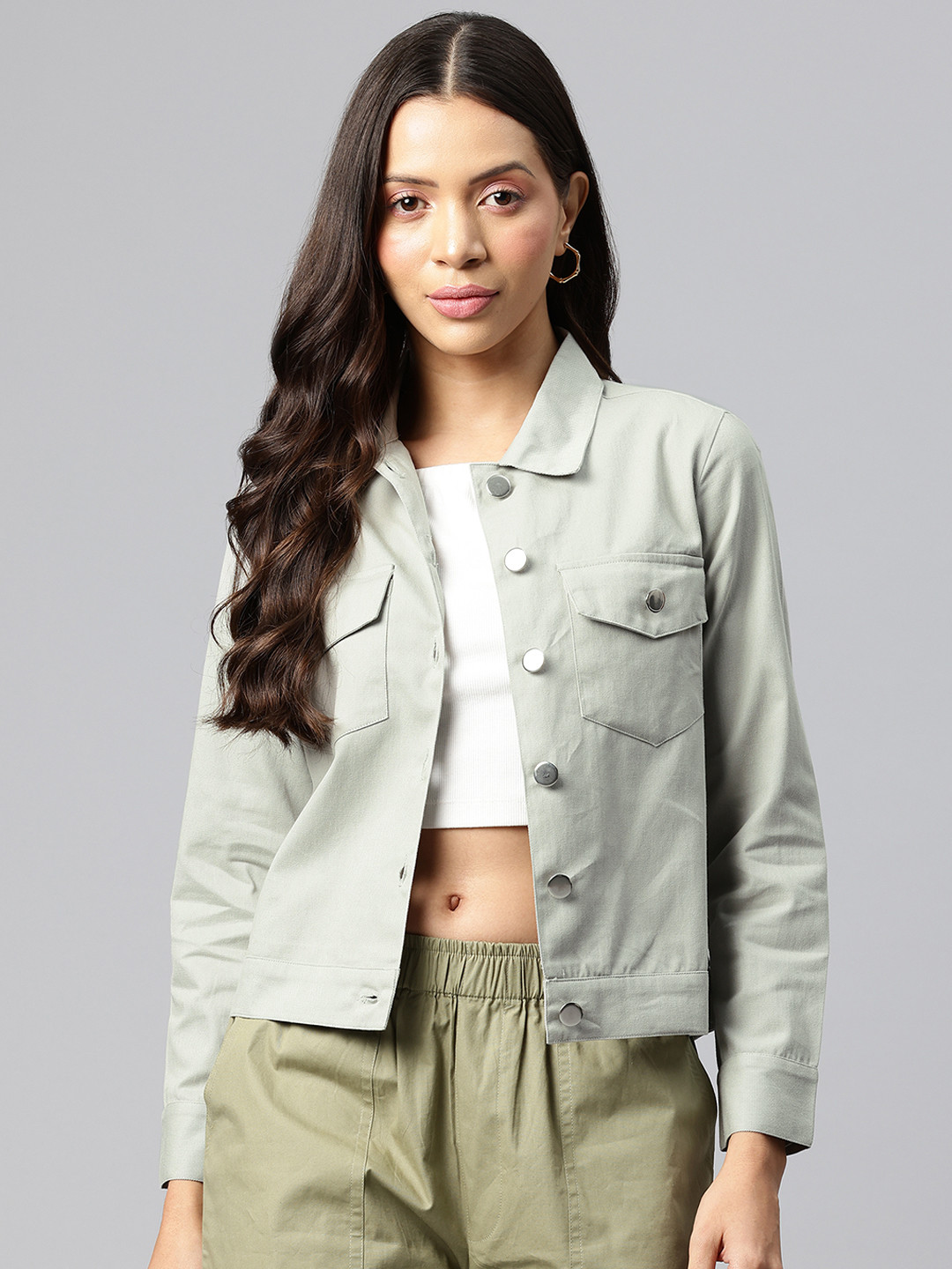 

Popnetic Women Solid Pure Cotton Denim Jacket, Steel
