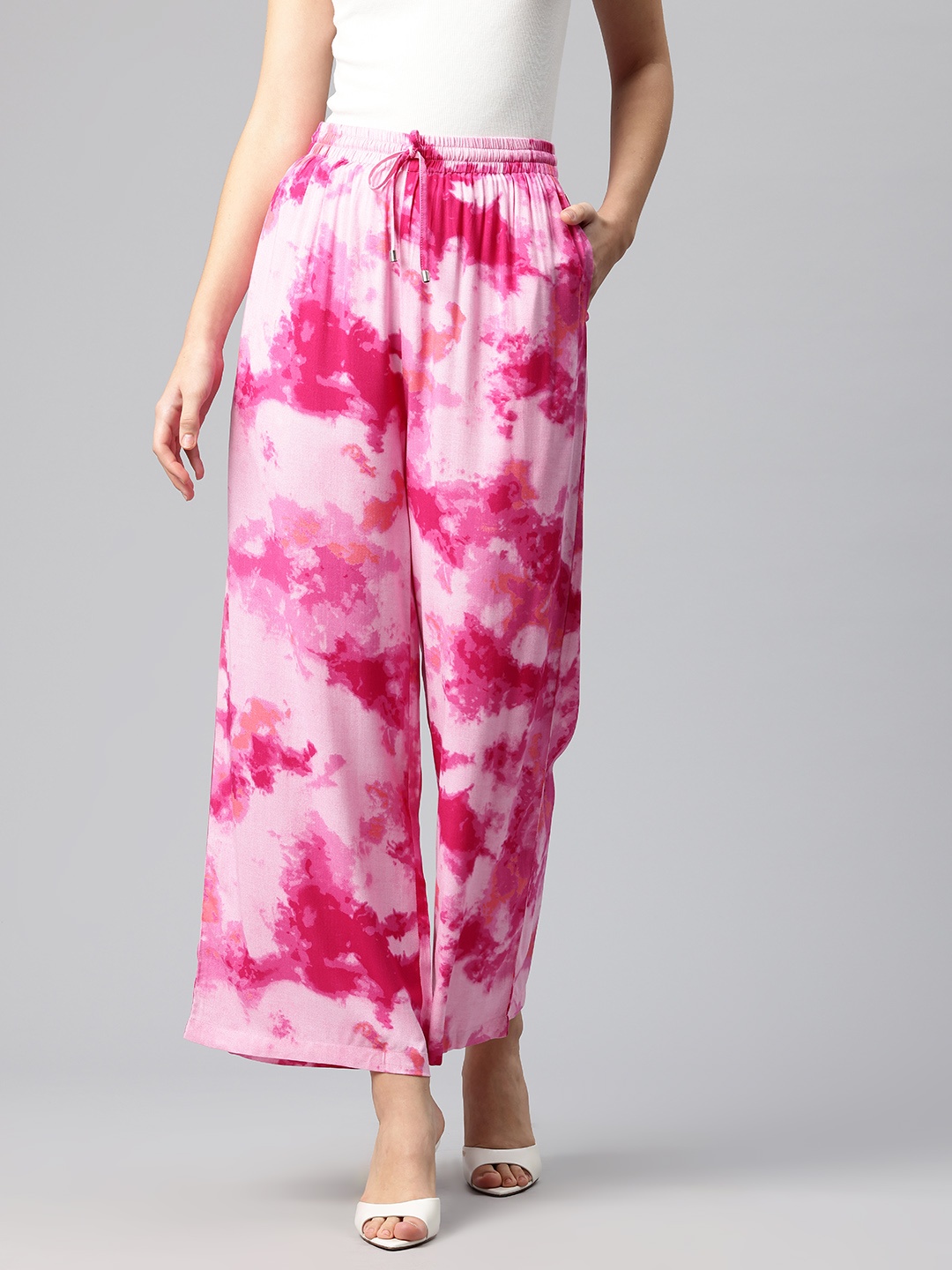 

Popnetic Women Tie and Dye Printed Wide Leg High-Rise Trousers, Pink