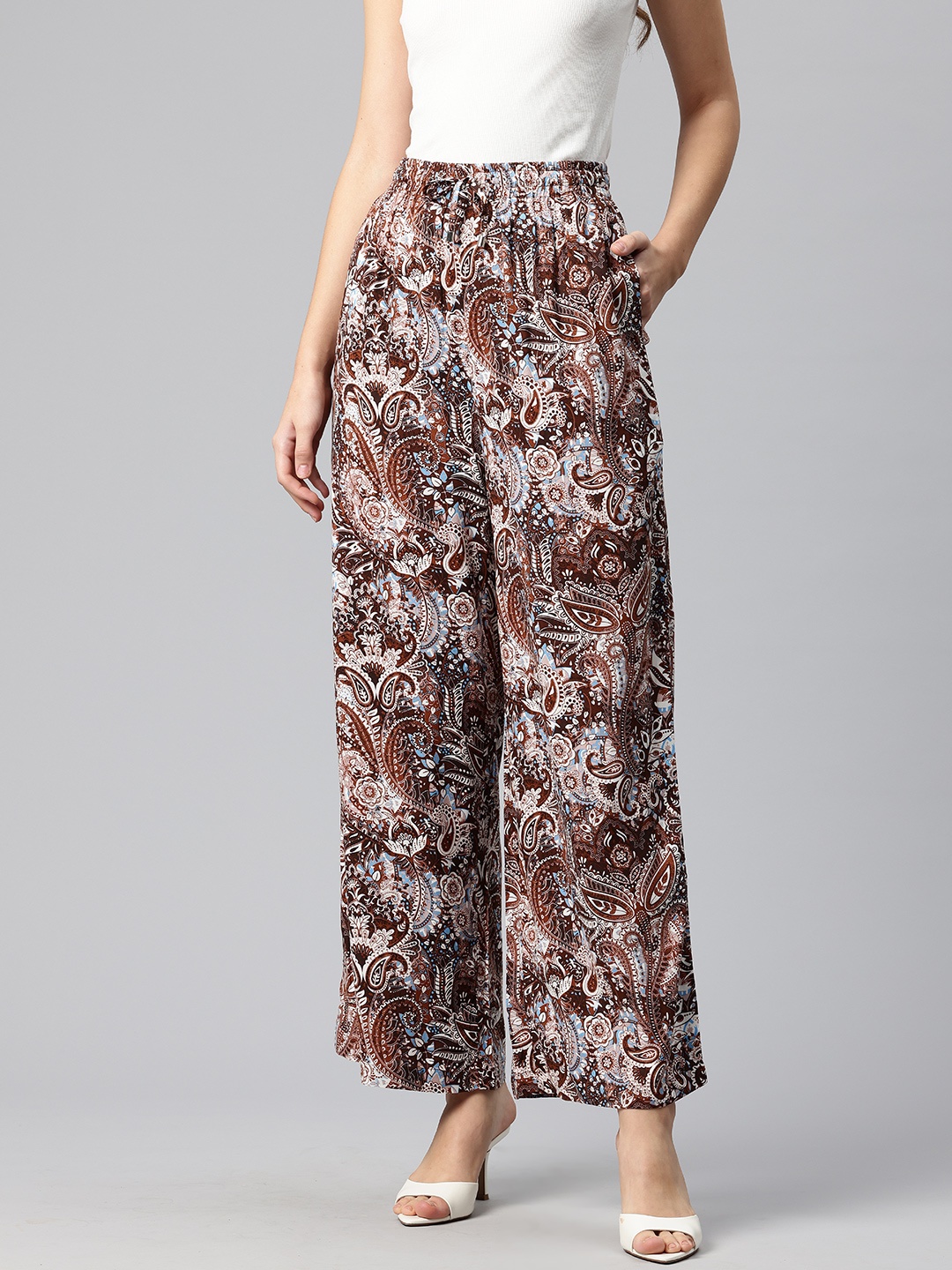 

Popnetic Women Ethnic Motifs Printed Loose Fit High-Rise Trousers, Brown