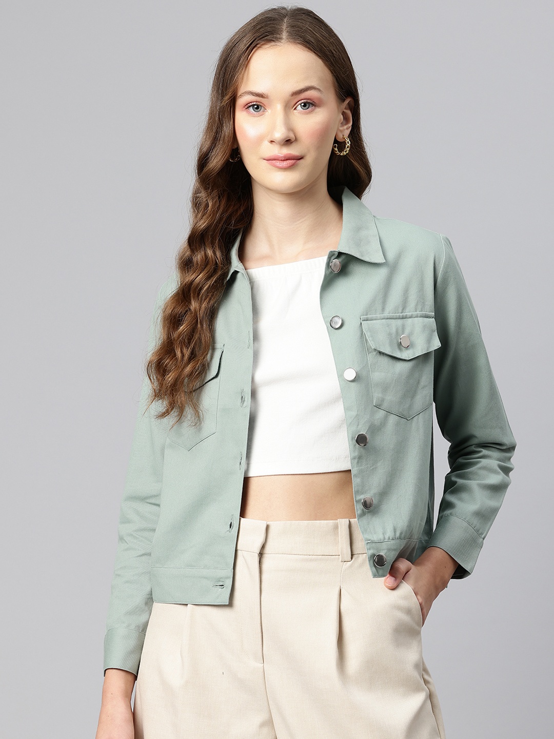 

Popnetic Women Solid Pure Cotton Denim Jacket, Sea green