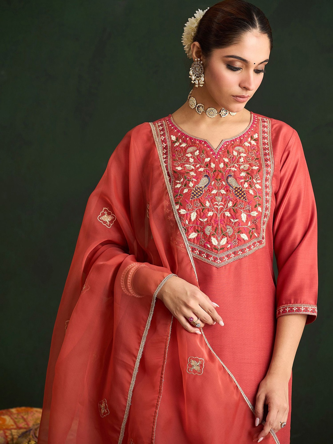 

Indo Era Women Ethnic Motifs Embroidered Regular Thread Work Kurta with Trousers & With Dupatta, Orange