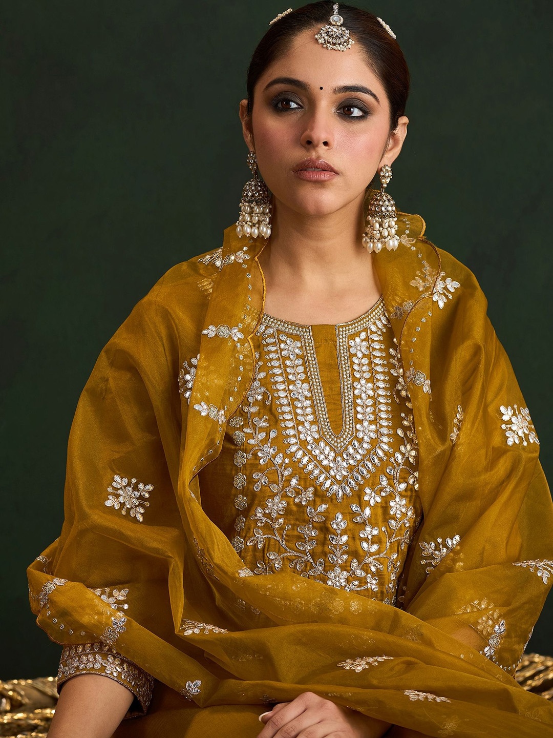 

Indo Era Women Ethnic Motifs Embroidered Regular Gotta Patti Kurta with Trousers & With Dupatta, Mustard