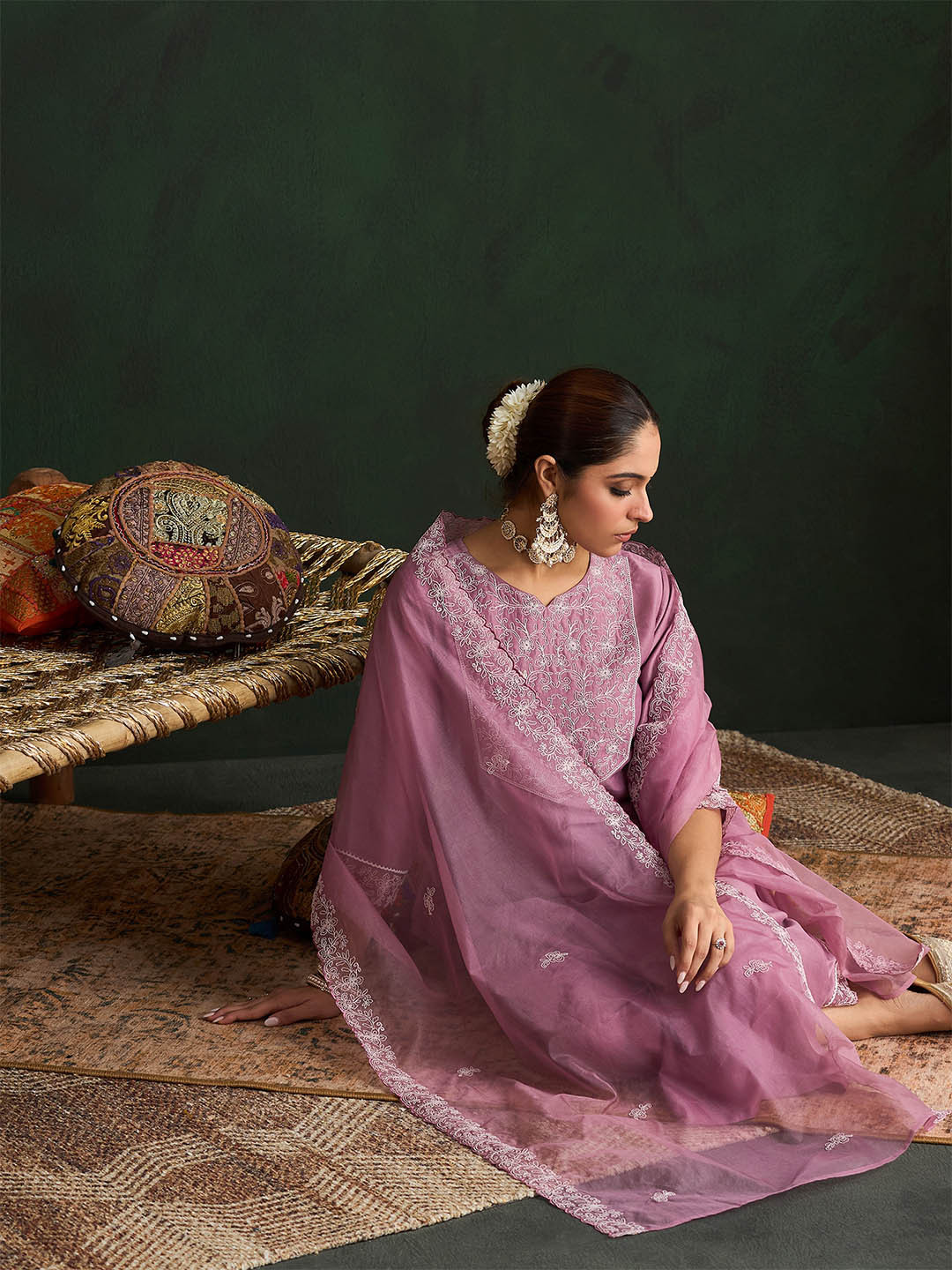 

Indo Era Women Floral Yoke Design Regular Thread Work Kurta with Trousers & With Dupatta, Mauve