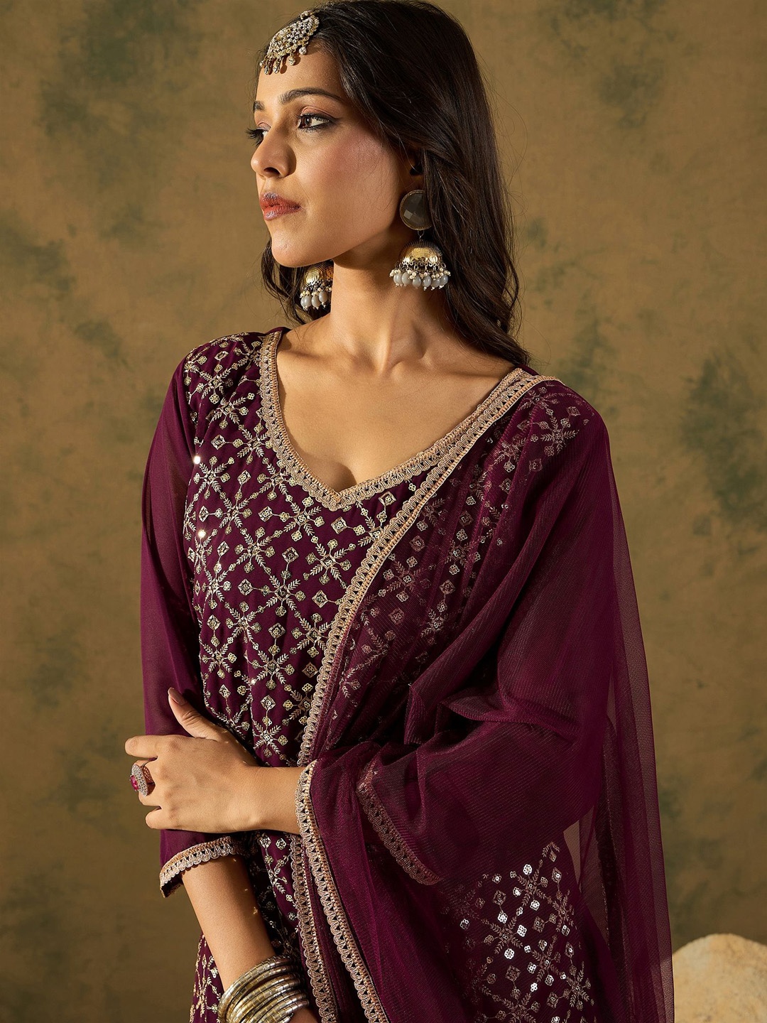 

Indo Era Women Embroidered Regular Sequinned Kurta with Sharara & With Dupatta, Burgundy