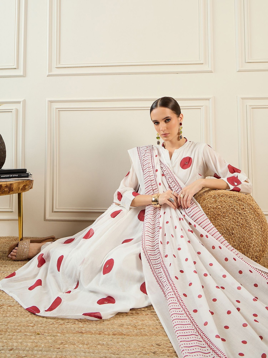 

Indo Era Women Printed Panelled Sequinned Pure Cotton Kurta with Trousers & With Dupatta, Off white