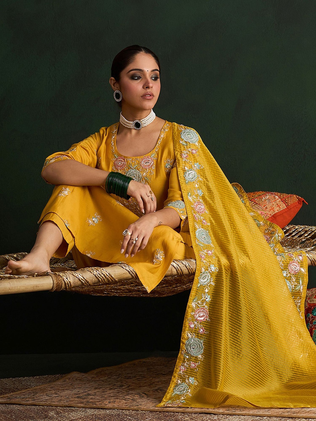 

Indo Era Women Floral Embroidered Regular Thread Work Kurta with Trousers & With Dupatta, Mustard