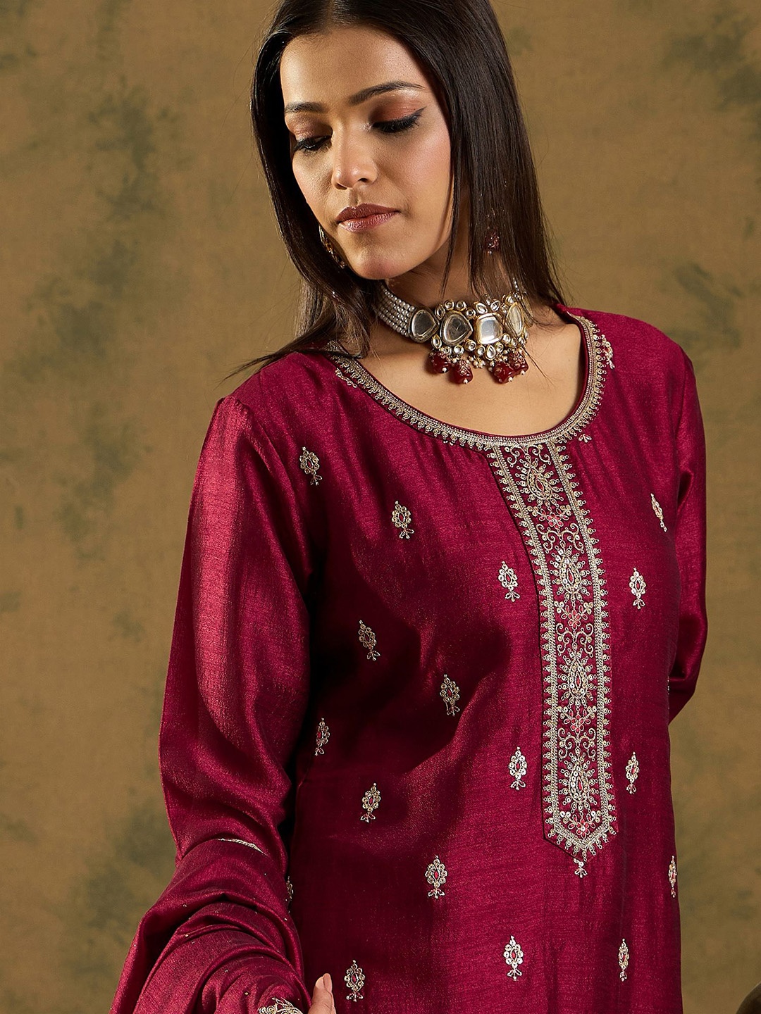 

Indo Era Women Embroidered Regular Sequinned Kurta with Trousers & With Dupatta, Maroon