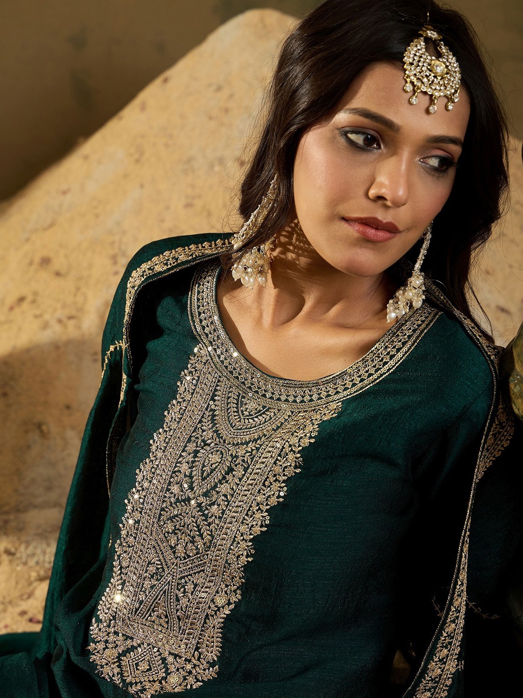 

Indo Era Women Embroidered Regular Sequinned Kurta with Trousers & With Dupatta, Teal