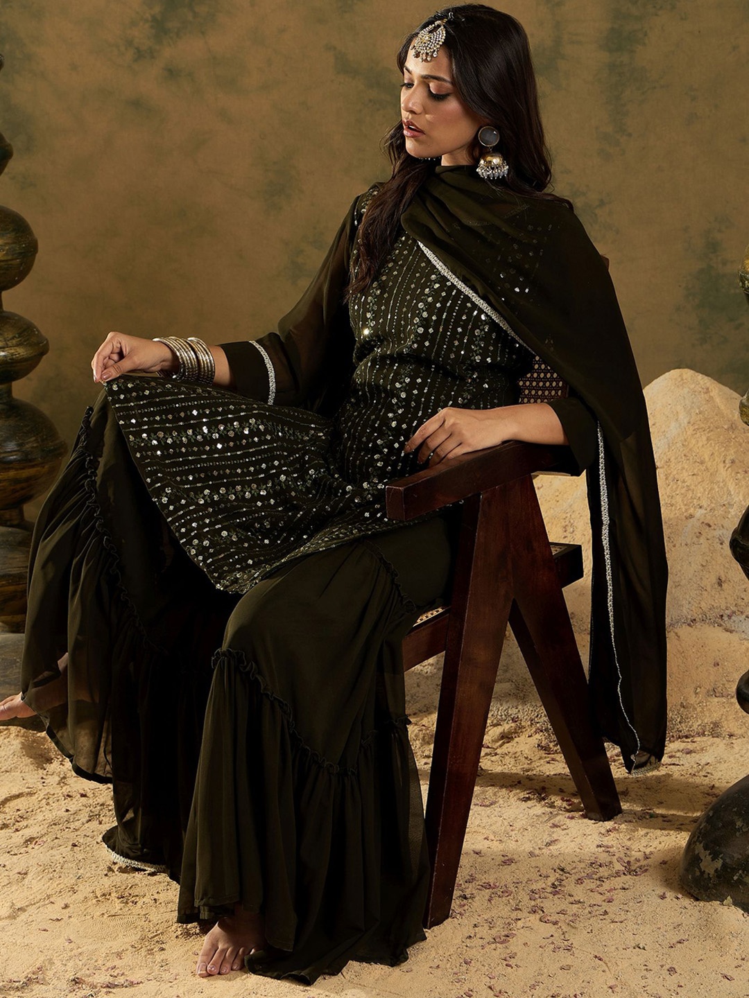 

Indo Era Women Ethnic Motifs Embroidered Regular Sequinned Kurta with Sharara & With Dupatta, Green