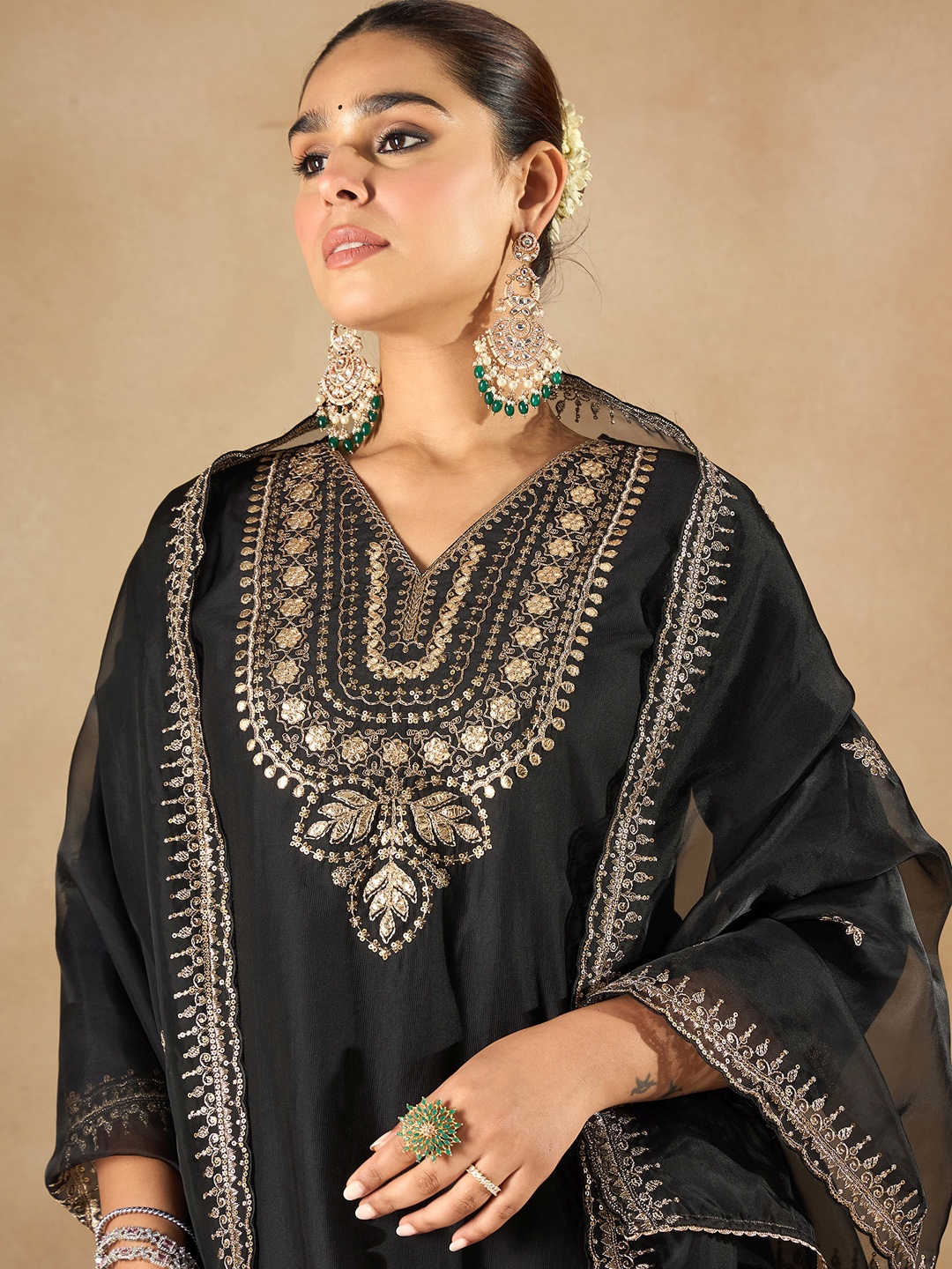 

Indo Era Women Ethnic Motifs Embroidered Regular Liva Kurta with Trousers & With Dupatta, Black