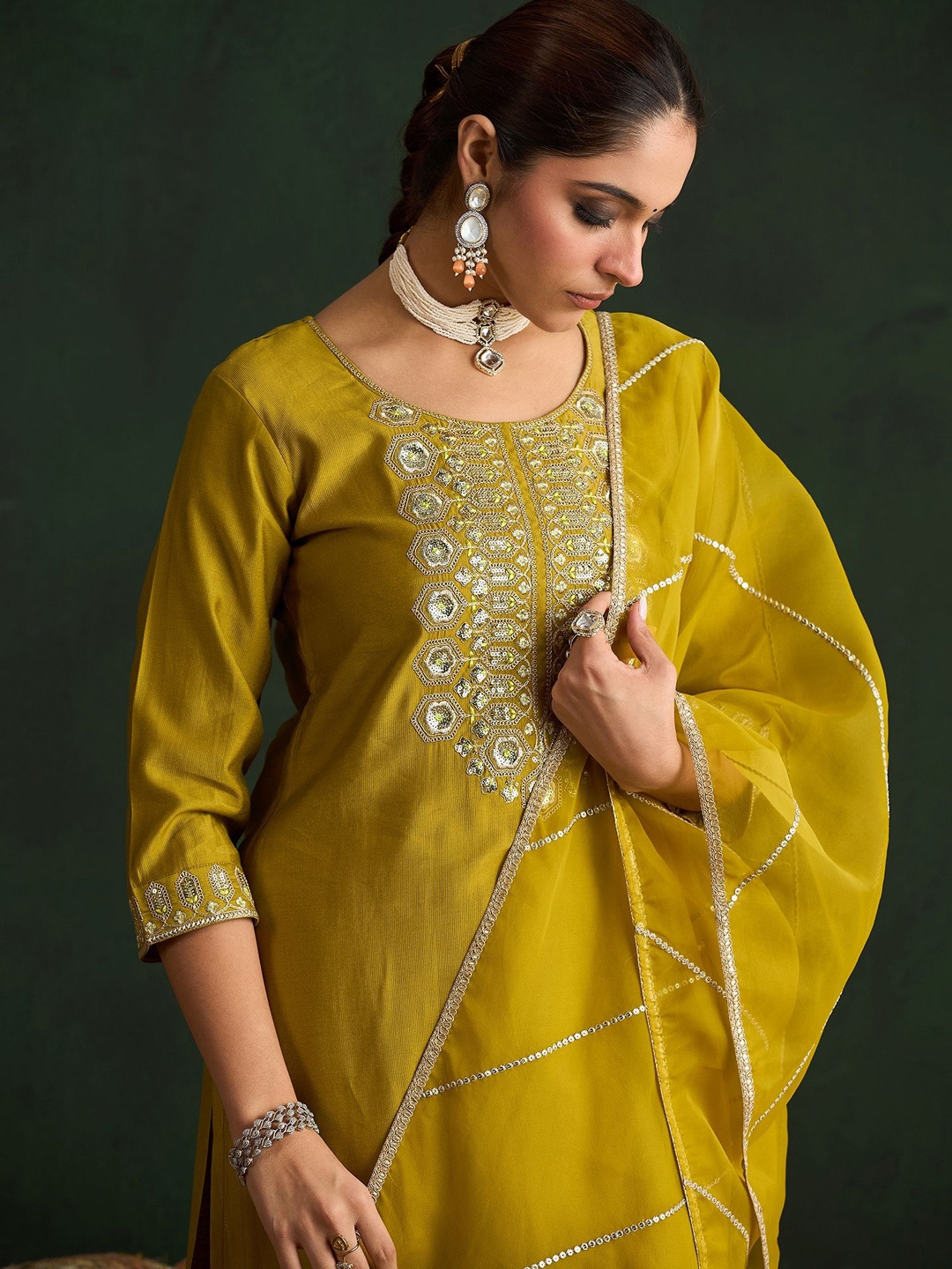 

Indo Era Women Ethnic Motifs Embroidered Regular Sequinned Kurta with Trousers & With Dupatta, Olive