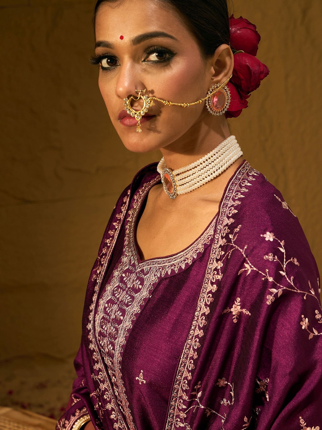 

Indo Era Women Ethnic Motifs Embroidered Regular Thread Work Kurta with Trousers & With Dupatta, Burgundy