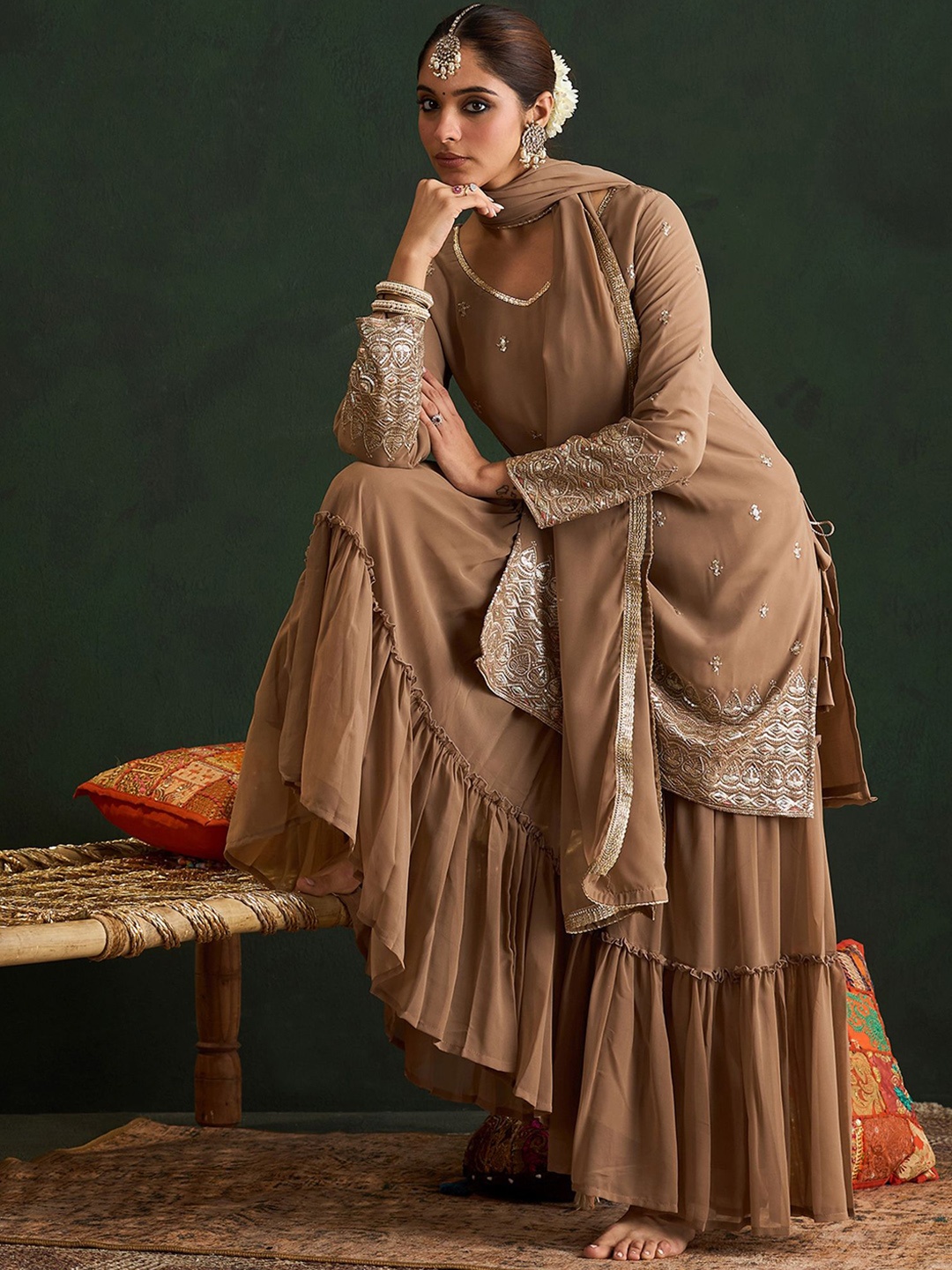 

Indo Era Women Ethnic Motifs Embroidered Regular Sequinned Kurta with Sharara & With Dupatta, Beige
